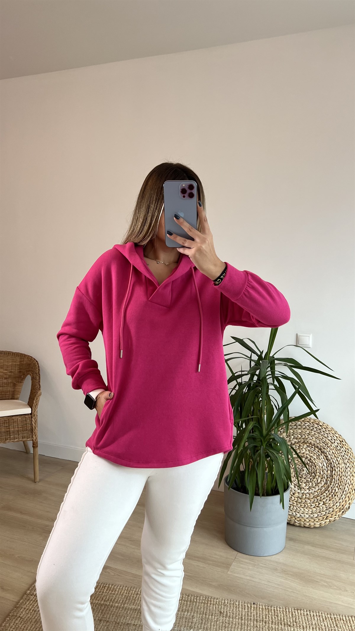  Kapüşonlu Yaka Detay Pembe Sweatshirt