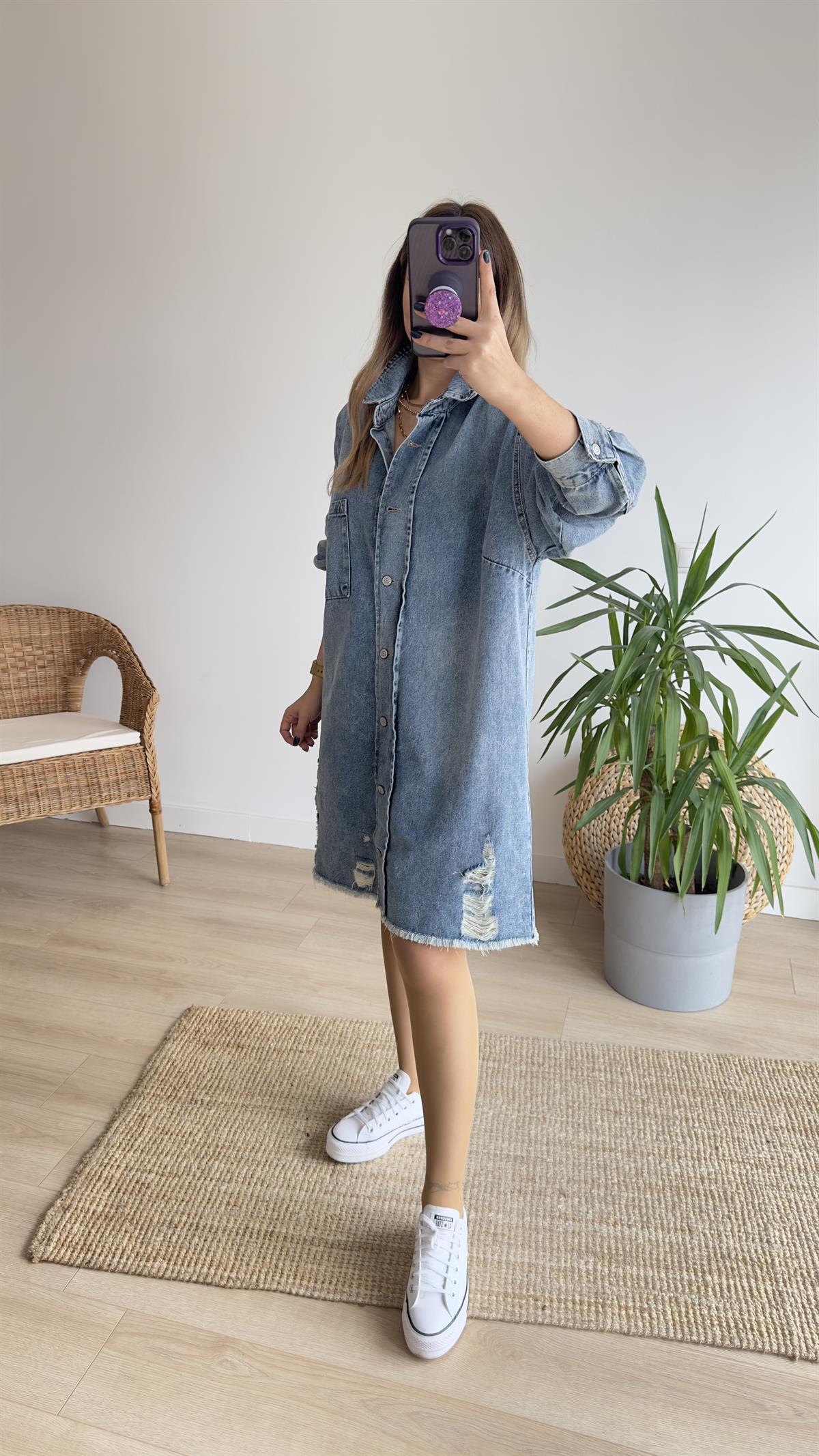 Yırtıklı Salaş Denim Elbise 