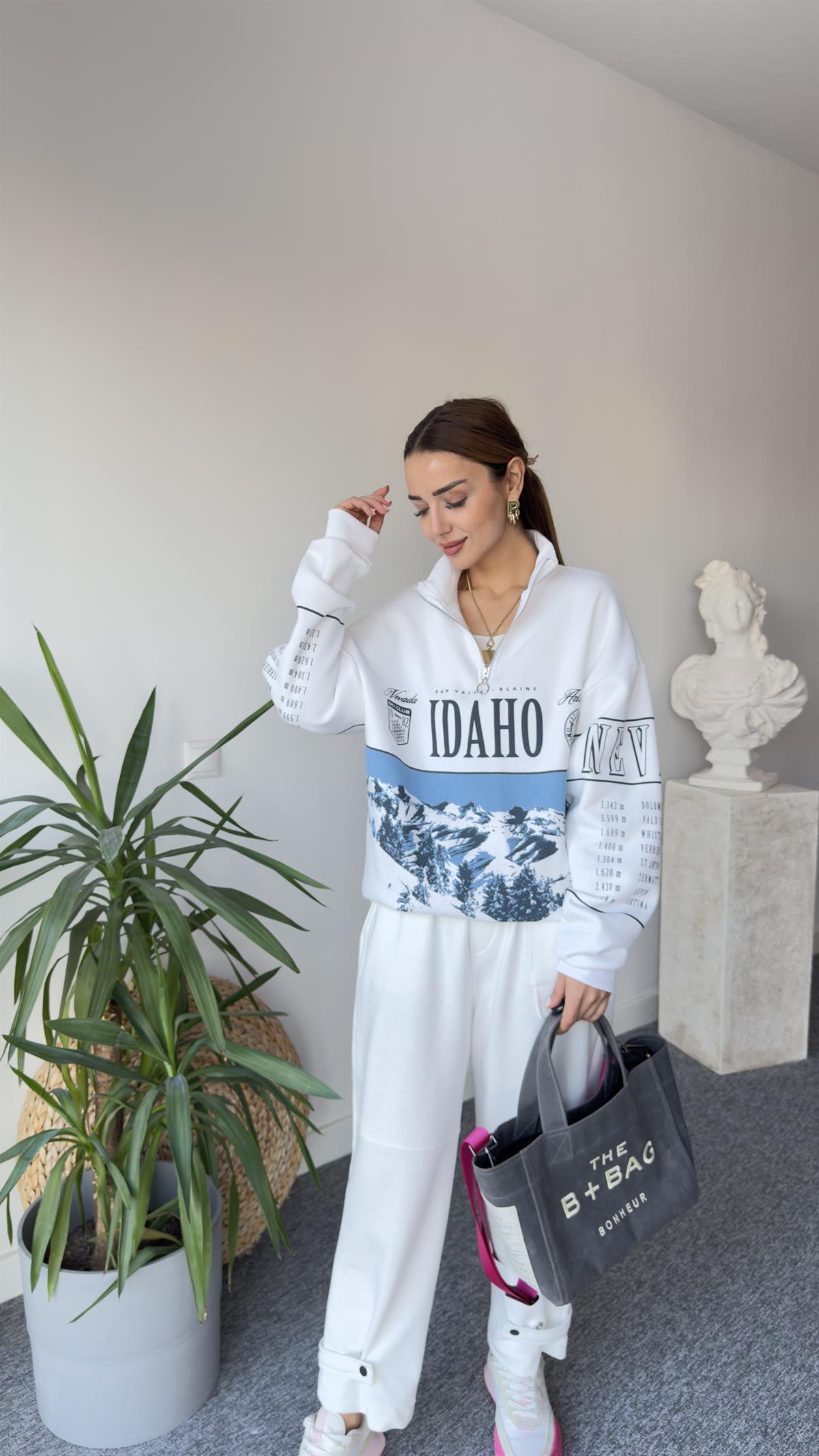 Idaho Yarım Fermuar Baskılı Sweat