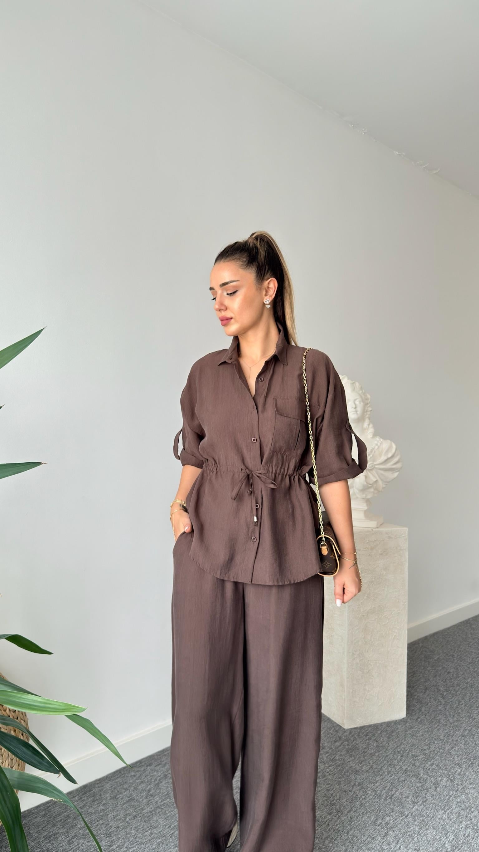 Kahve Breva Bel Büzgülü Tensel Takım