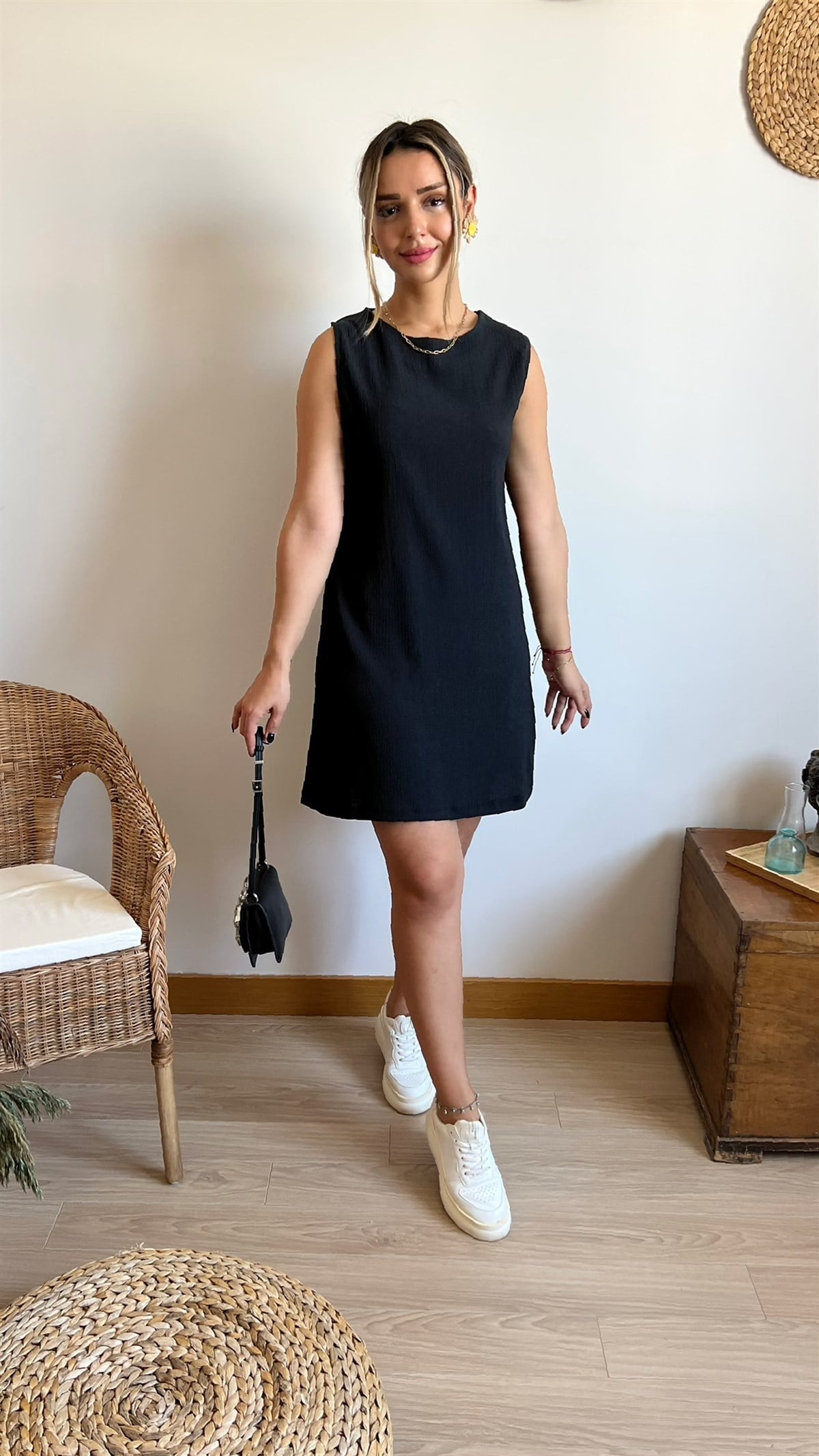 Gofre Kumaş Siyah Basic Elbise