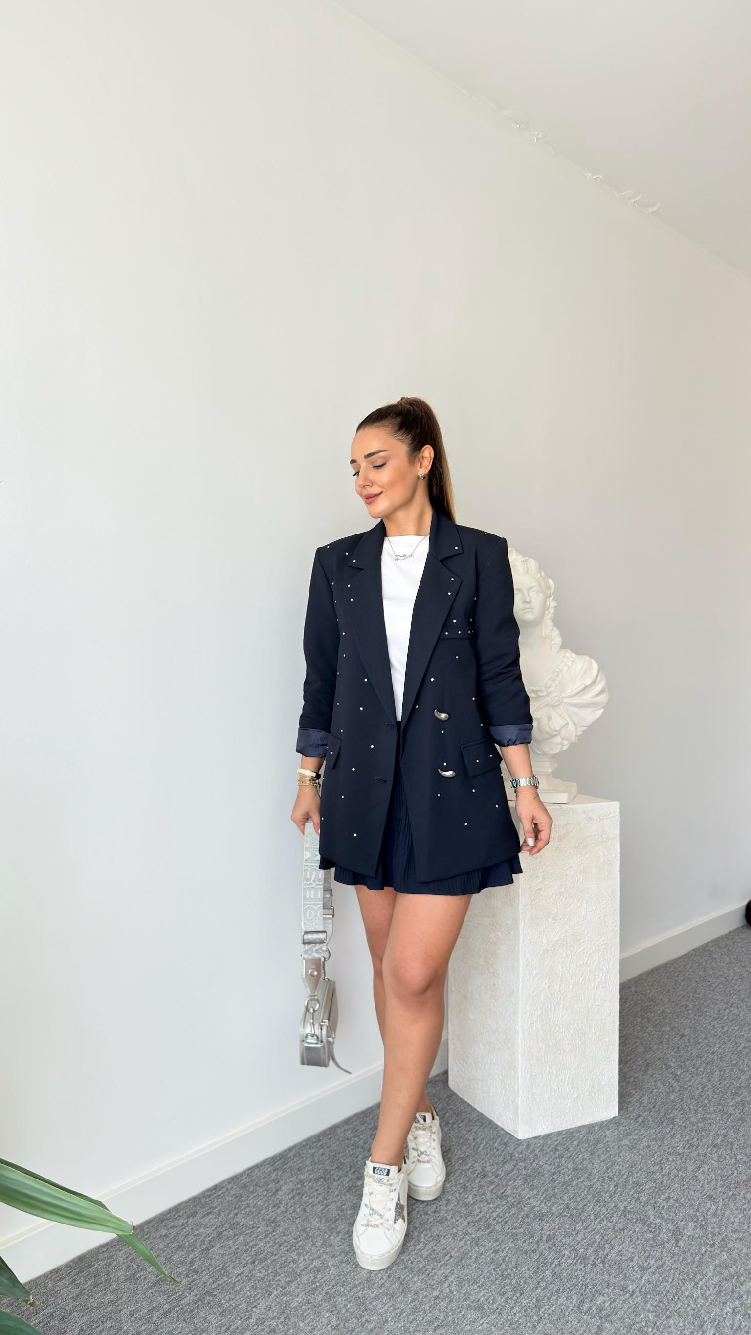 Lacivert Sia Taş Detaylı Blazer Ceket