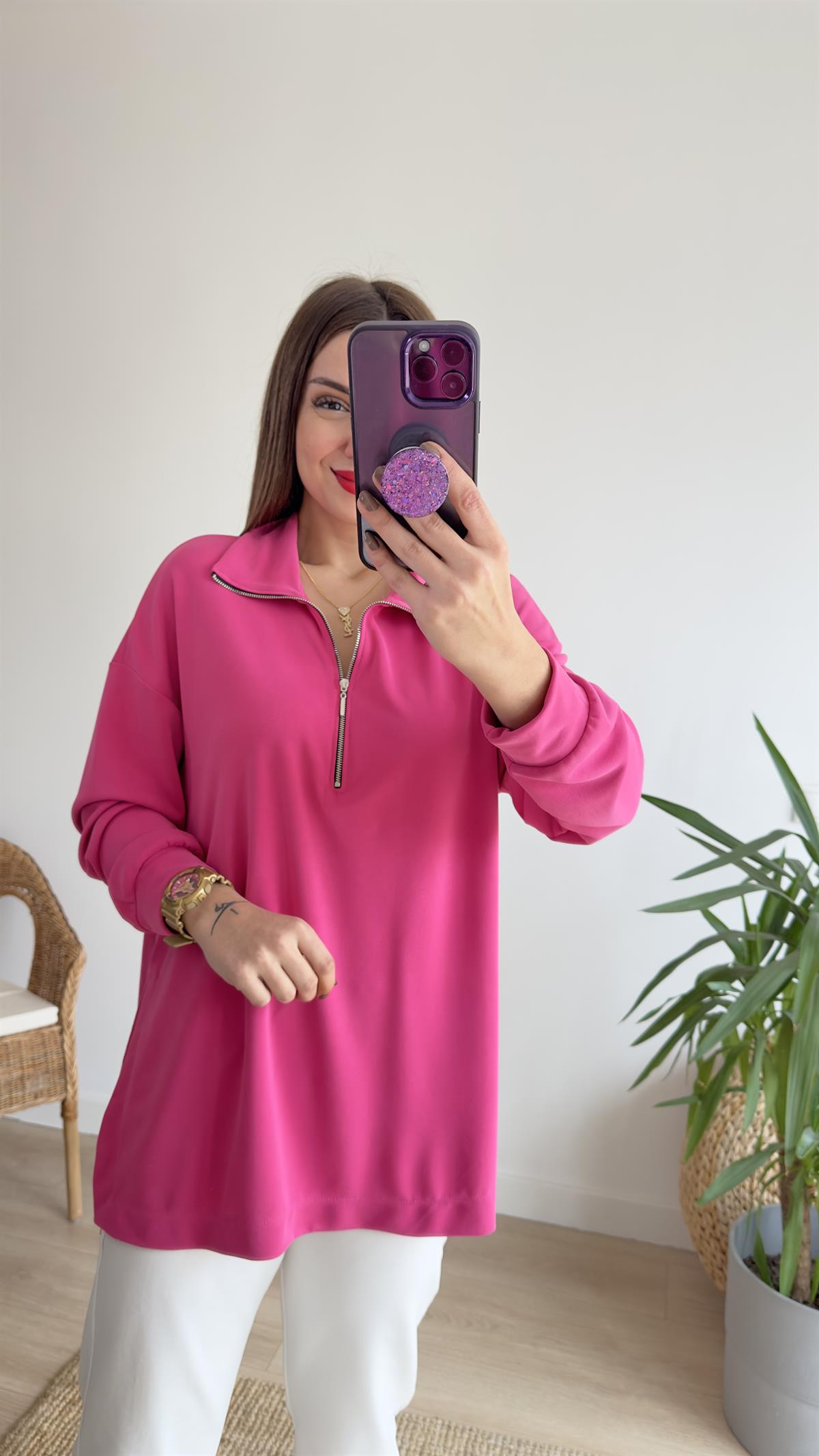 Fuşya Fermuarlı Mevsimlik Modal Sweat