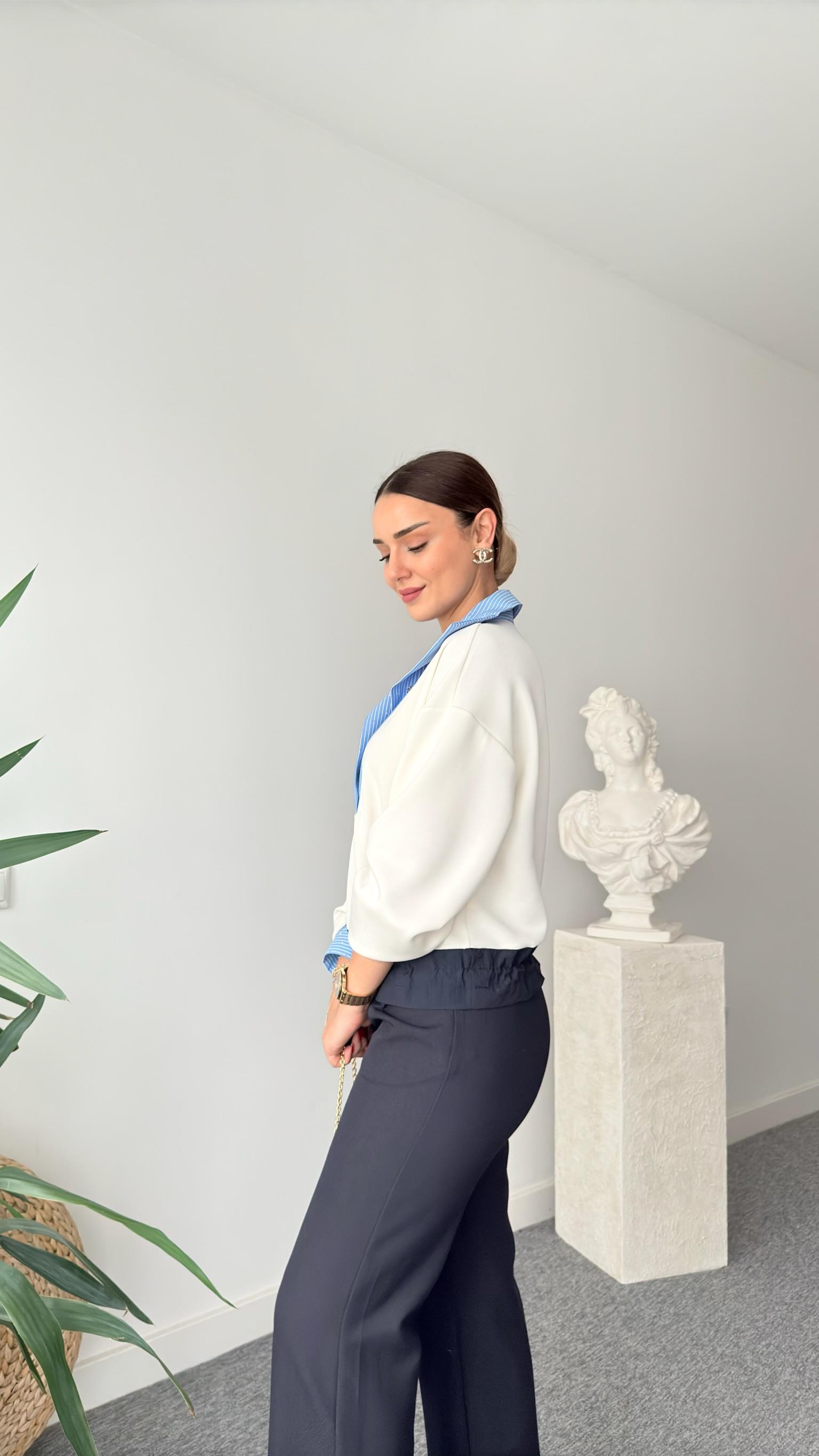 Viyana Bel Büzgülü Taşlı Poplin Garni Modal Sweat