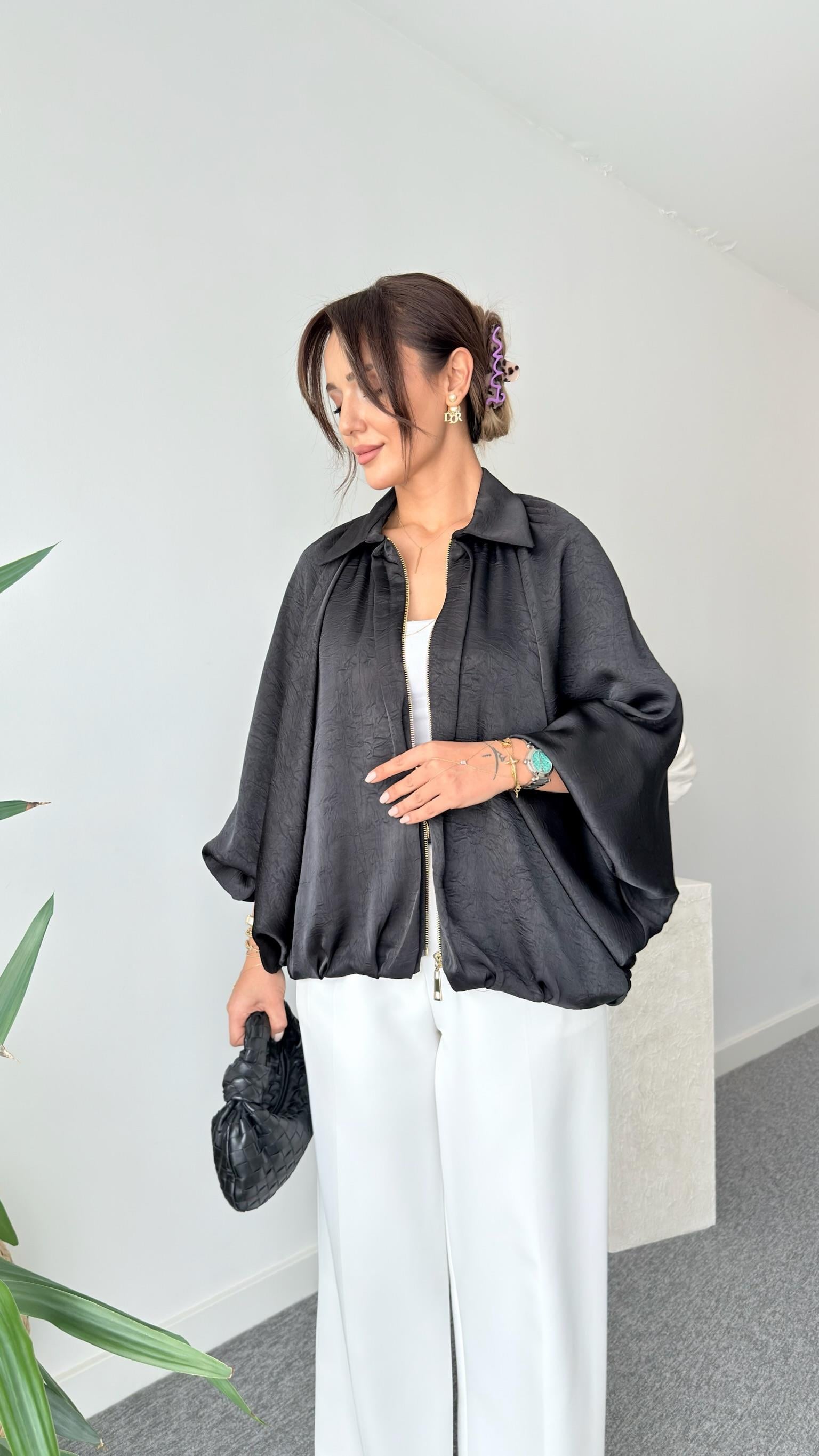 Siyah Seru Zra Model Oversize Saten Ceket  