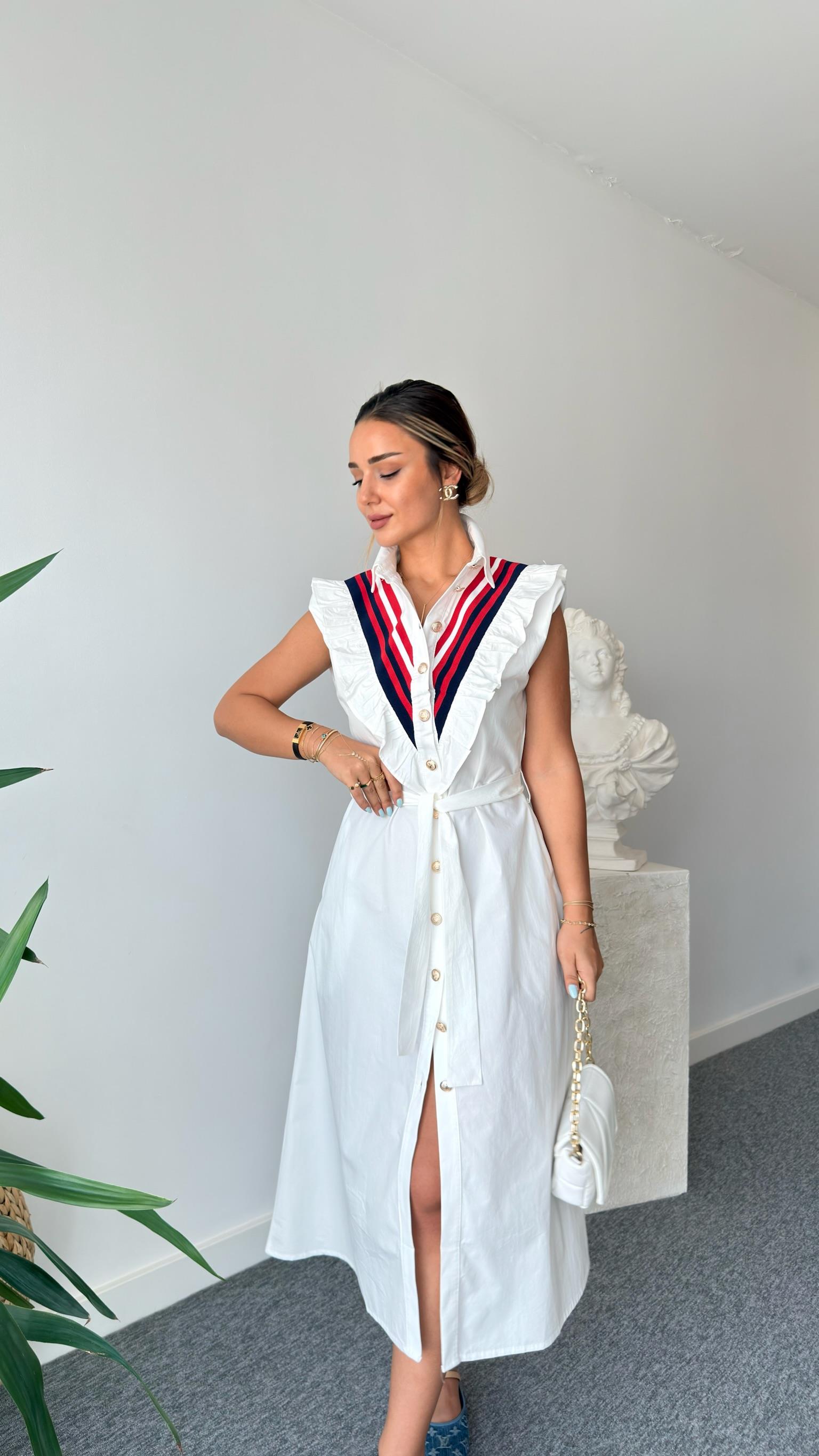 Beyaz Grove Fırfırlı Poplin Elbise 