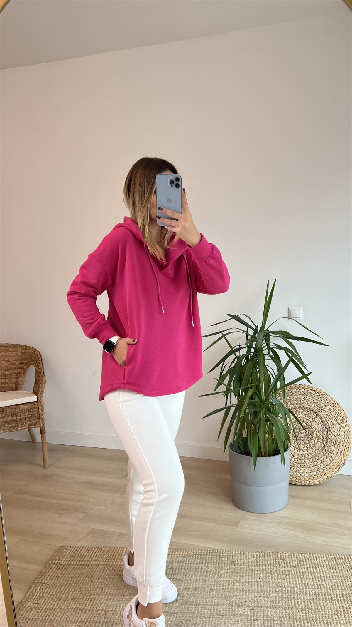  Kapüşonlu Yaka Detay Pembe Sweatshirt