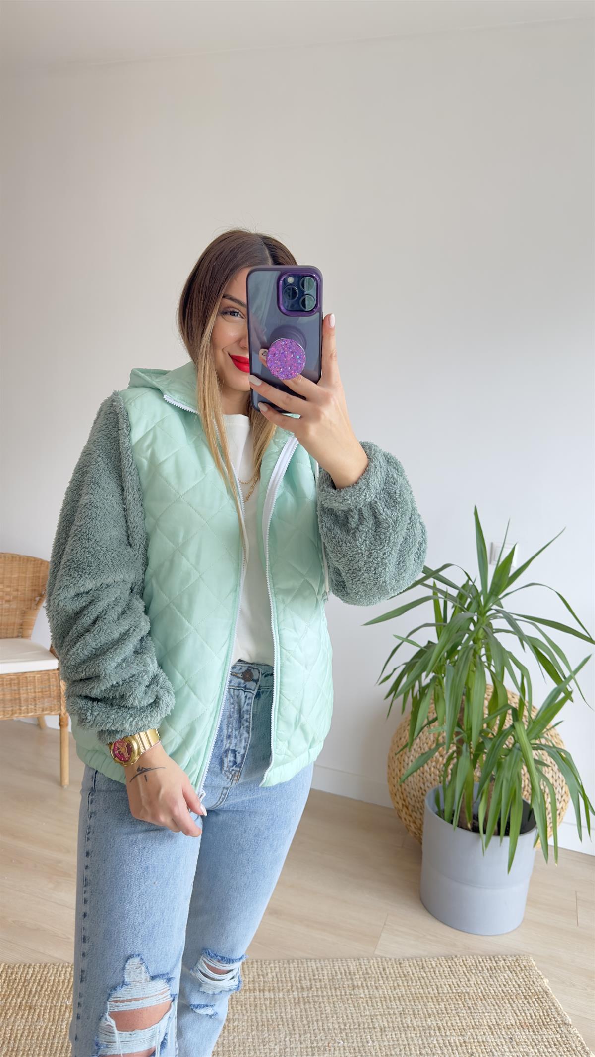 Peluş Detay Yeşil Kapitone Ceket