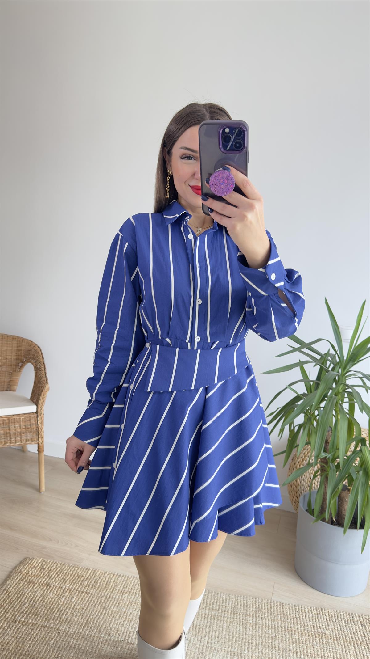 Tasarım Çizgili Poplin Elbise 