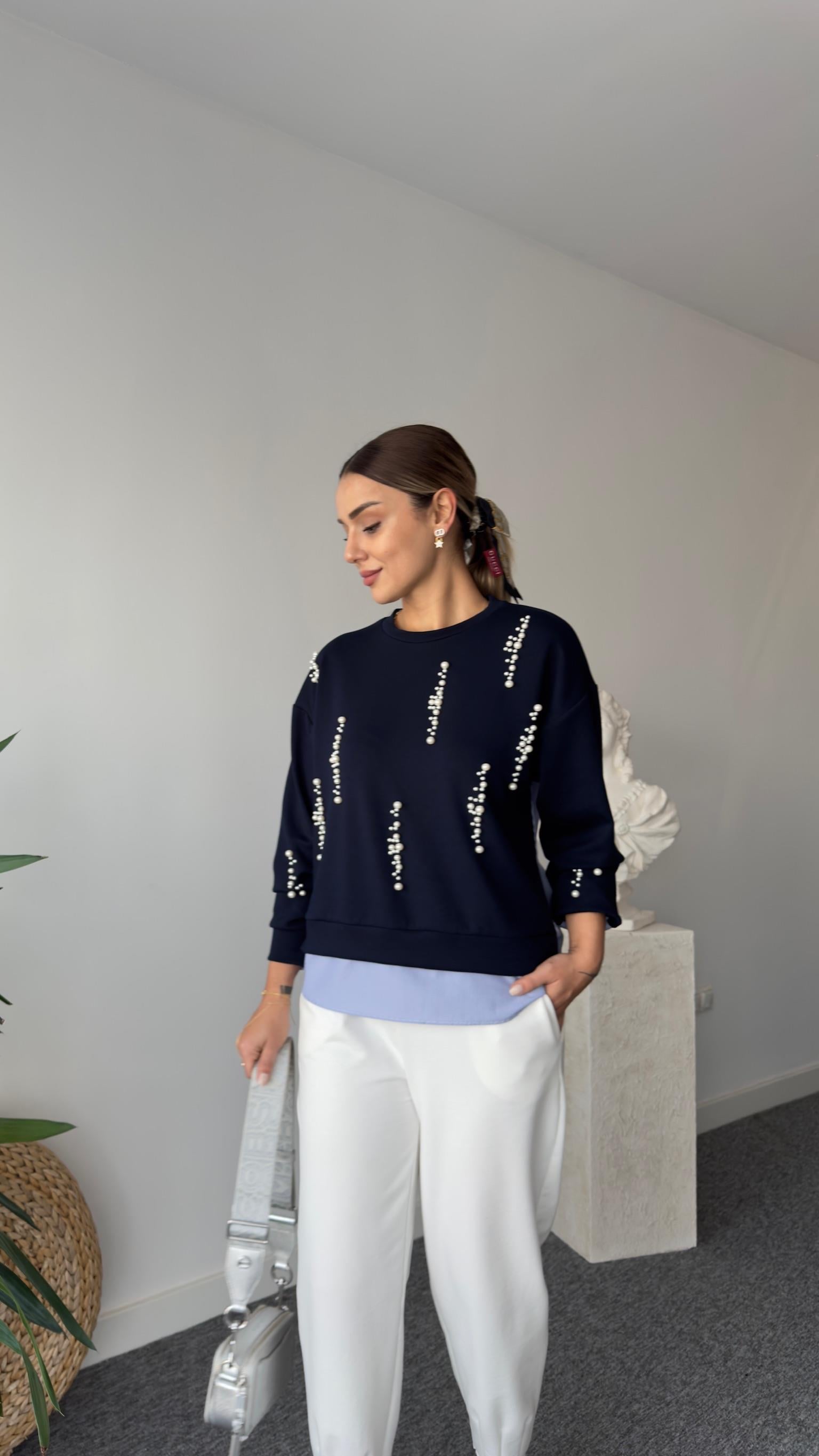 İnci Detaylı Sırt Poplin Lacivert Modal Sweat