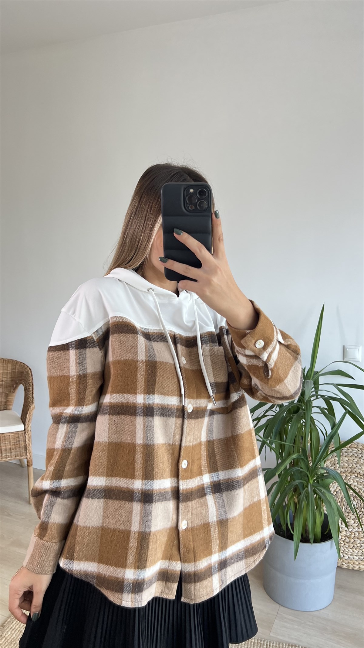 Bej Ekose Detay Kapüşonlu Sweatshirt