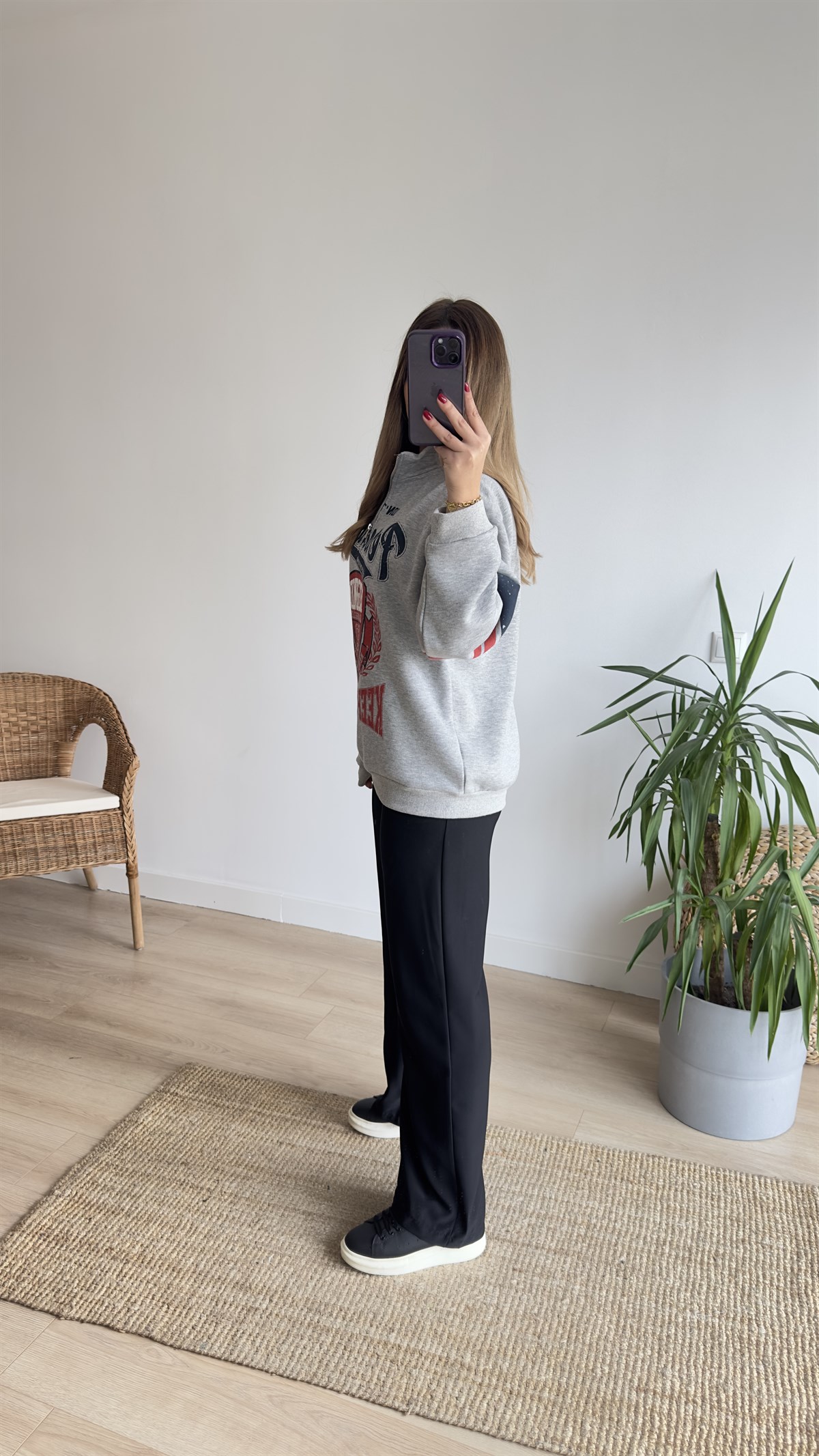 Yarım Fermuar Baskılı Gri Sweat