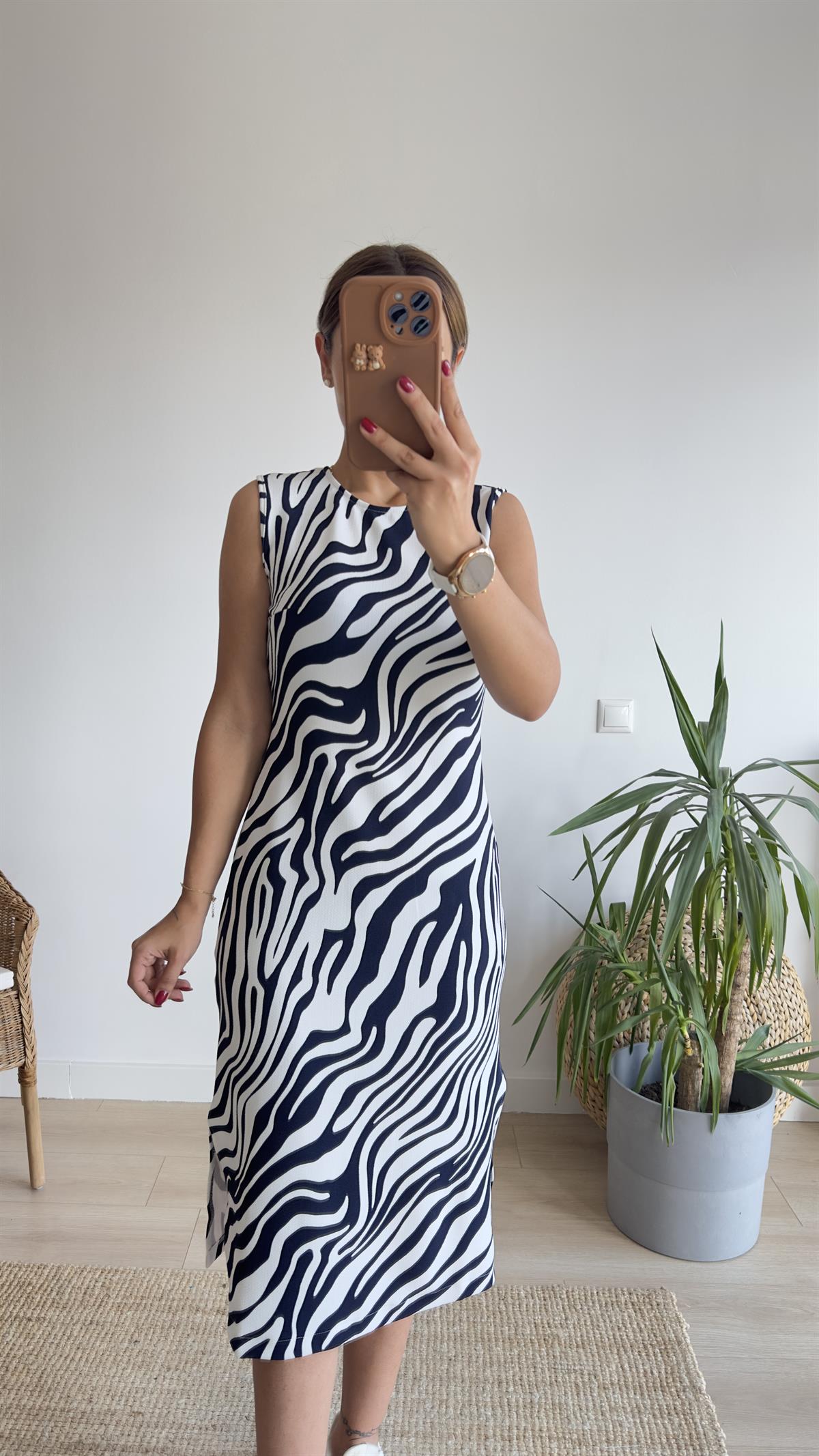 Teul Lacivert Zebra Desenli Elbise