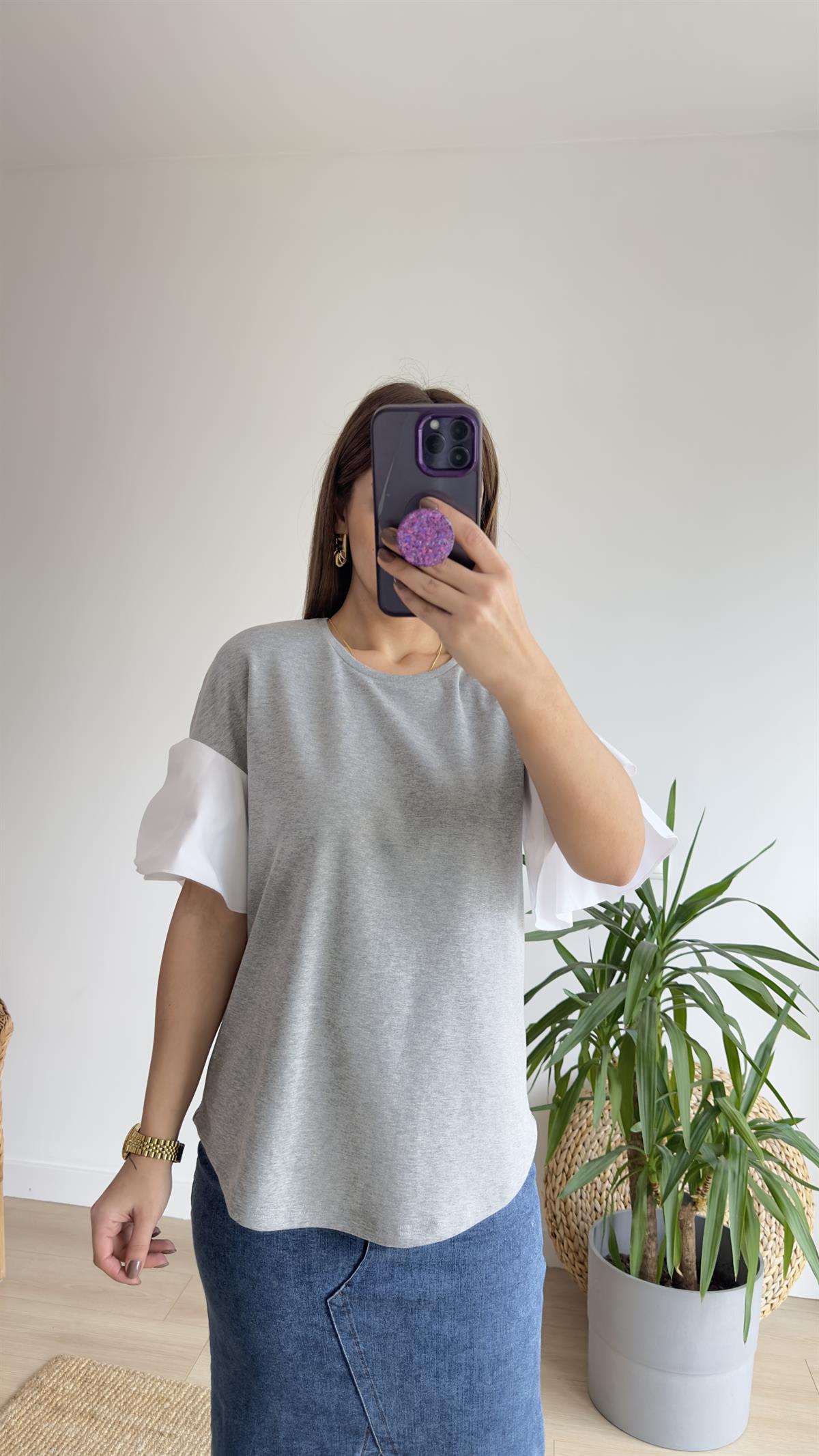 Kolları Poplin Gri Basic Tshirt