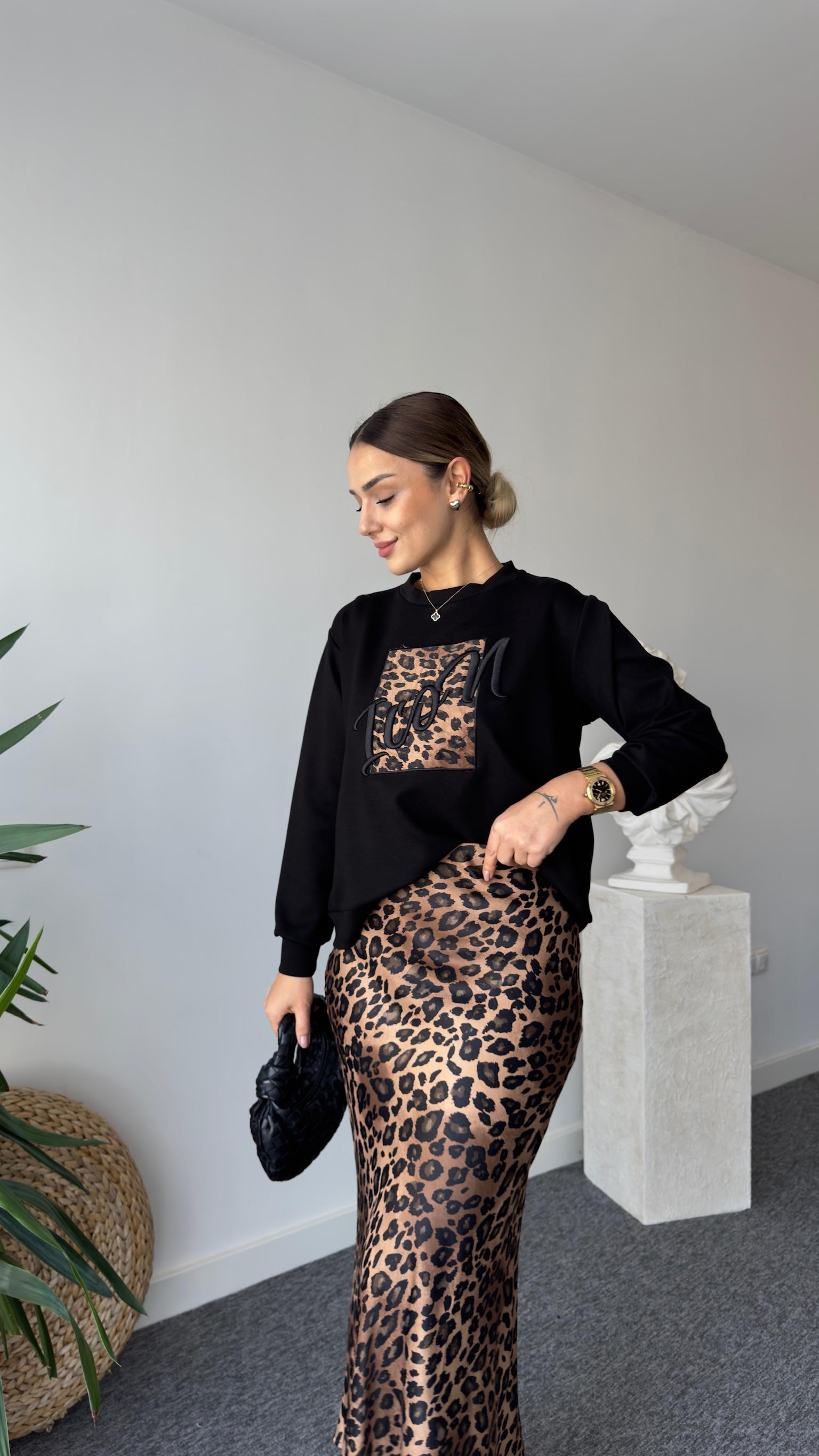 Ricar Kahve Leopar Desenli Etek Sweat Takım