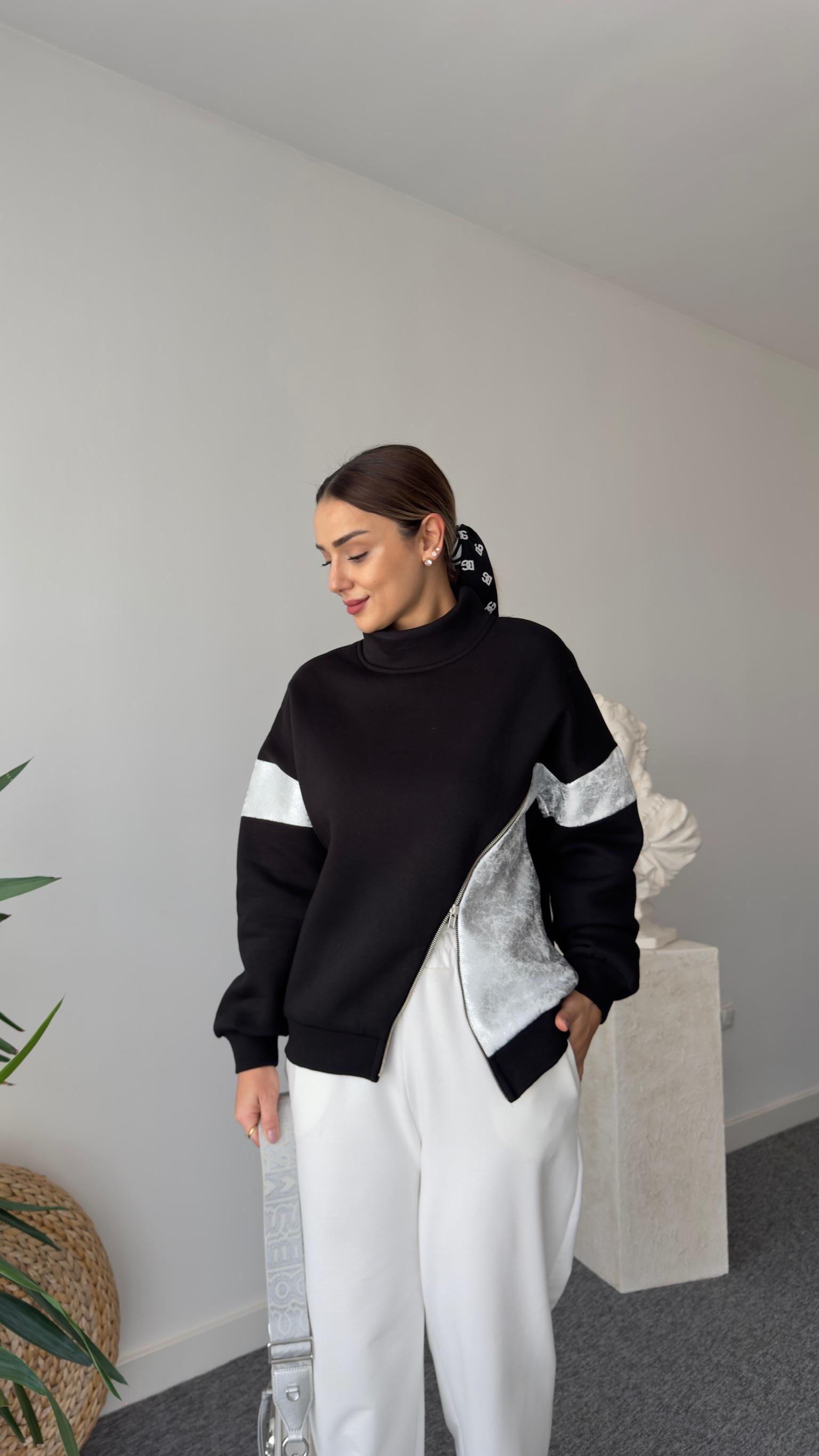 Fermuar Ve Varak Detaylı Siyah Sweatshirt