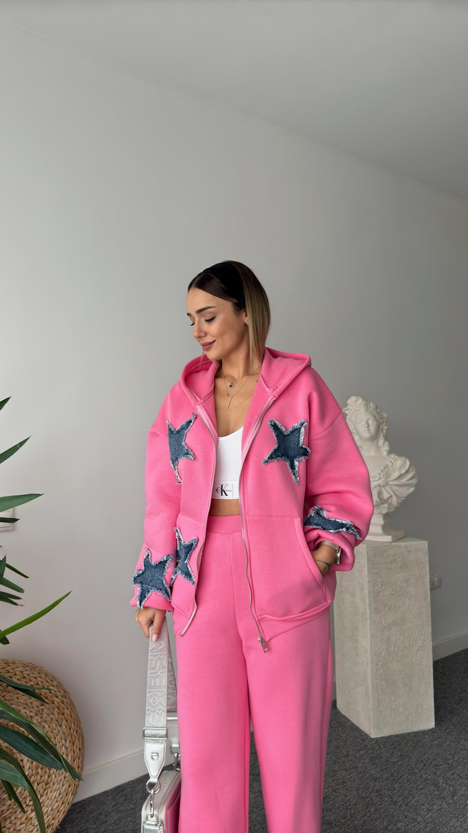 Denim Yıldız Detaylı Pembe Tasarım Takım