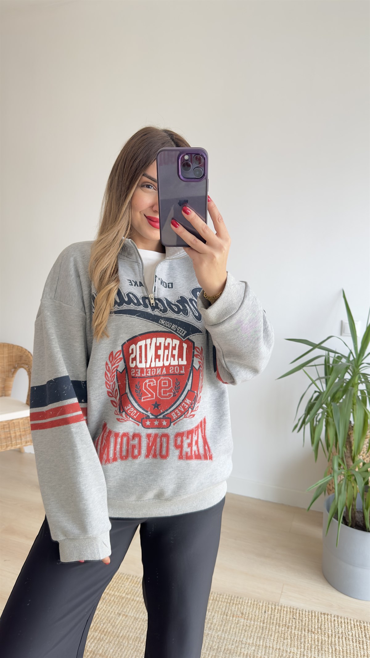 Yarım Fermuar Baskılı Gri Sweat