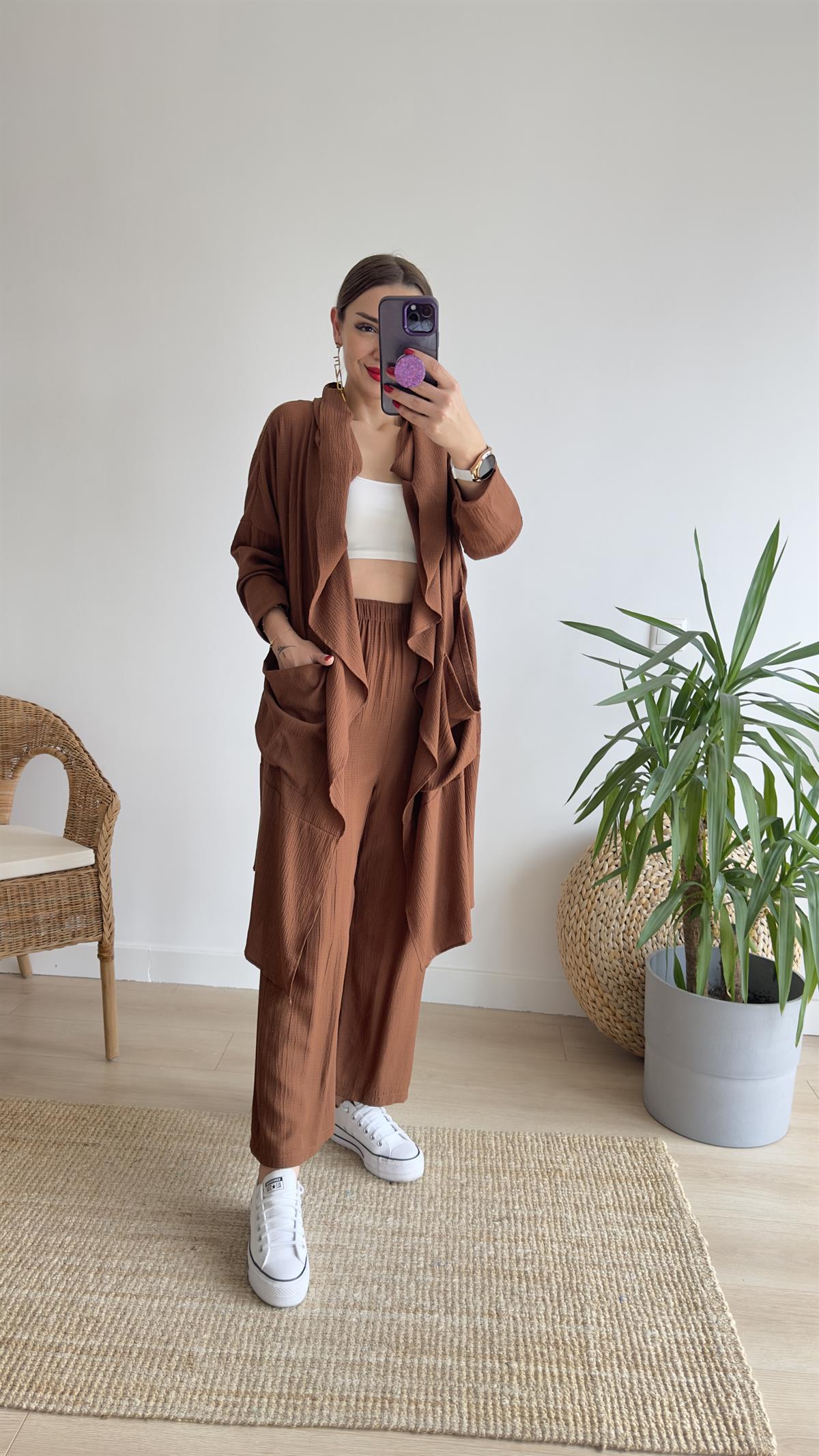 Şal Yaka Kahve İkili Takım