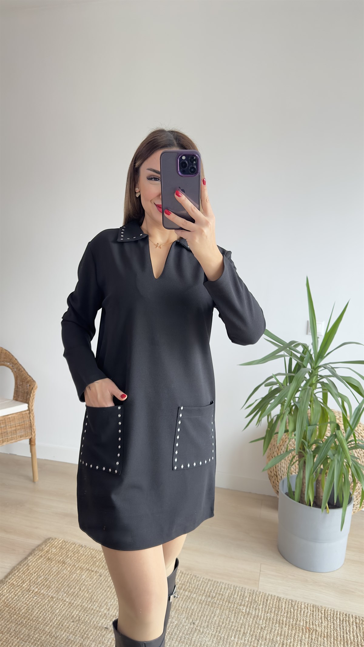 Zımba Detaylı Polo Yaka Siyah Elbise 