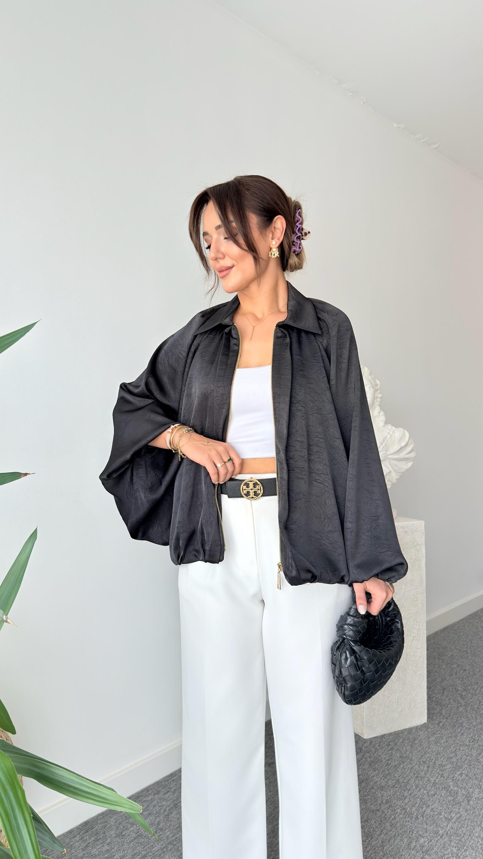Siyah Seru Zra Model Oversize Saten Ceket  