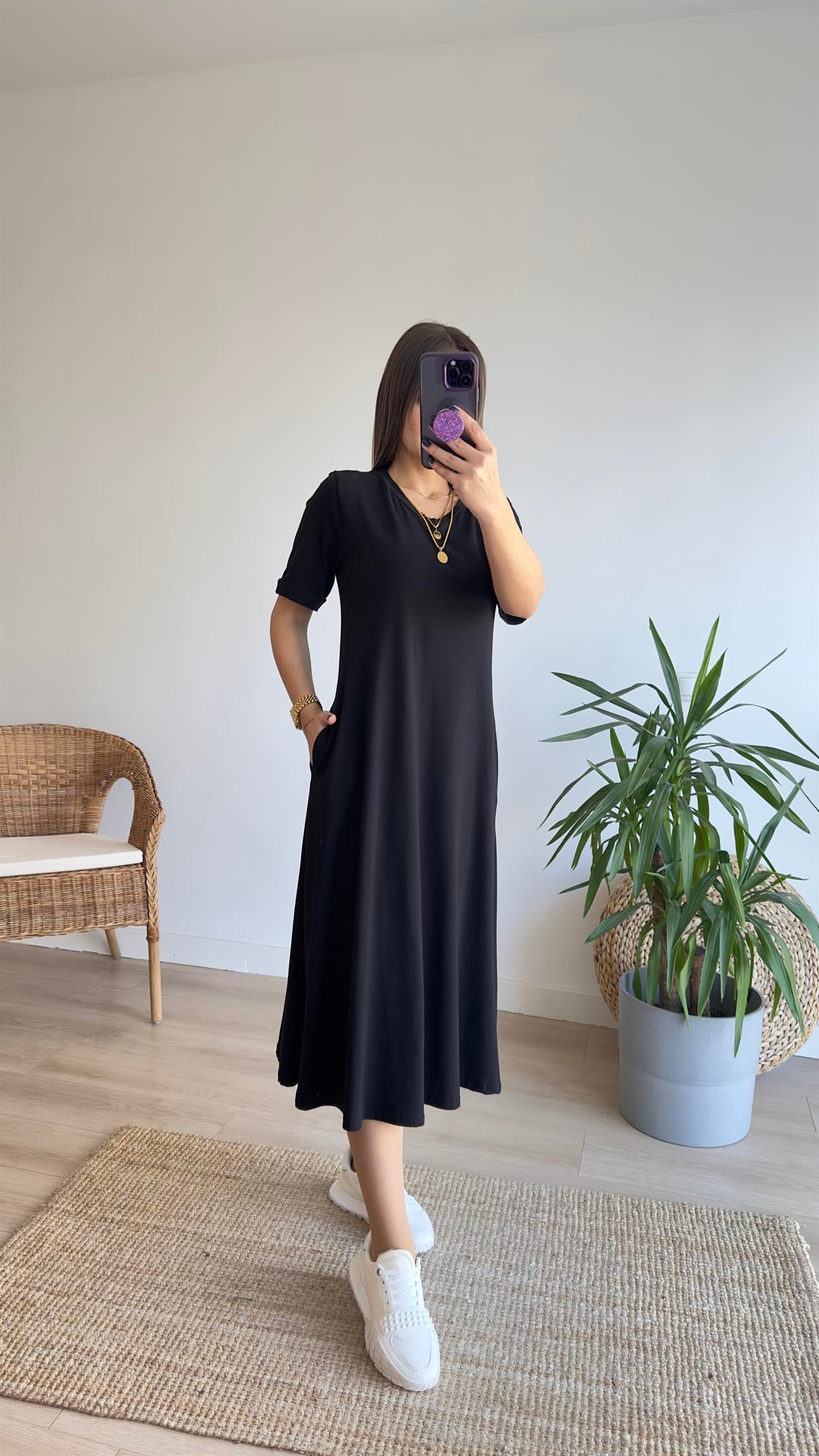 Cepli V Yaka Basic Elbise 