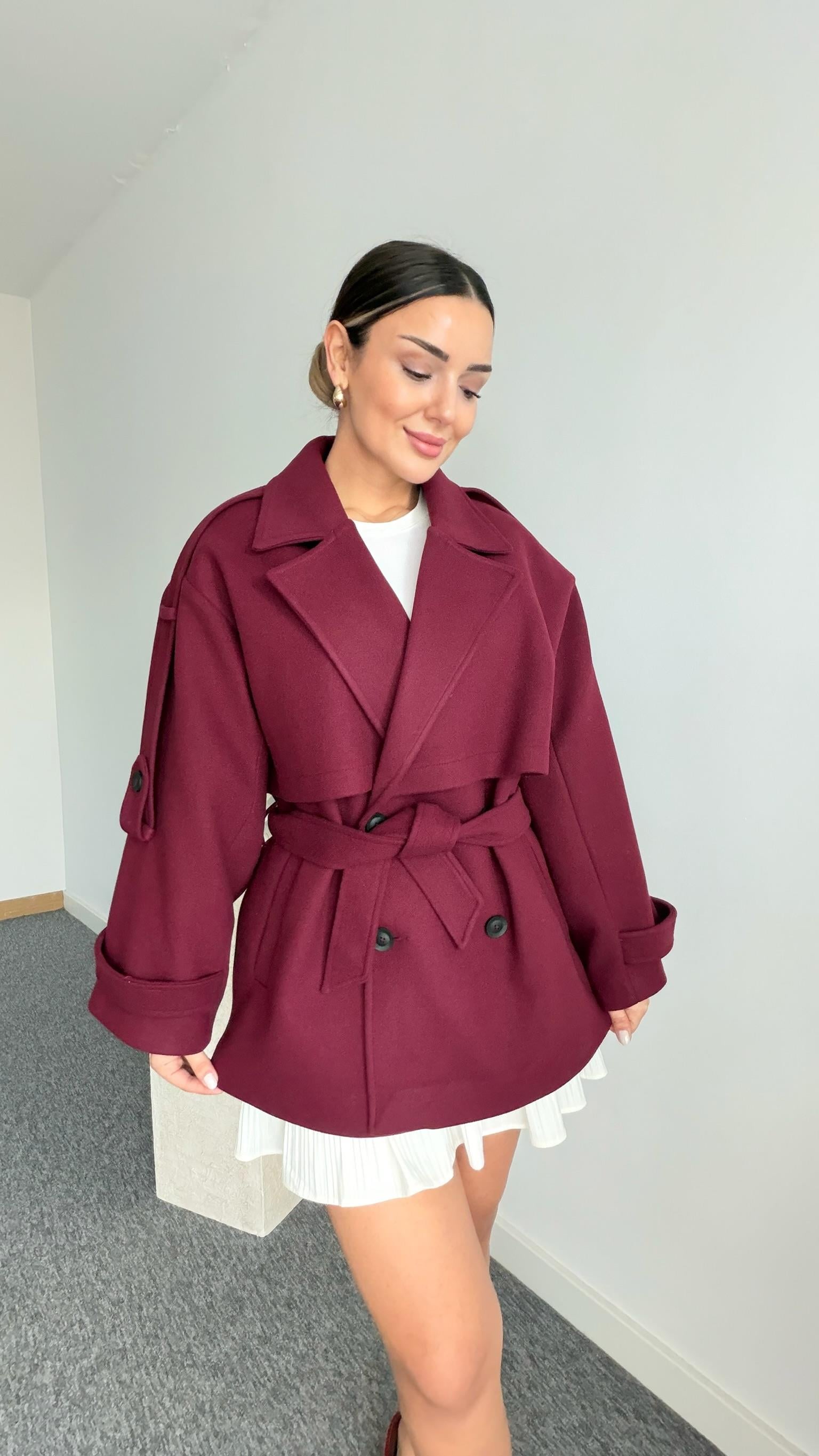 Bordo Laufen Kuşaklı Kaşe Kaban