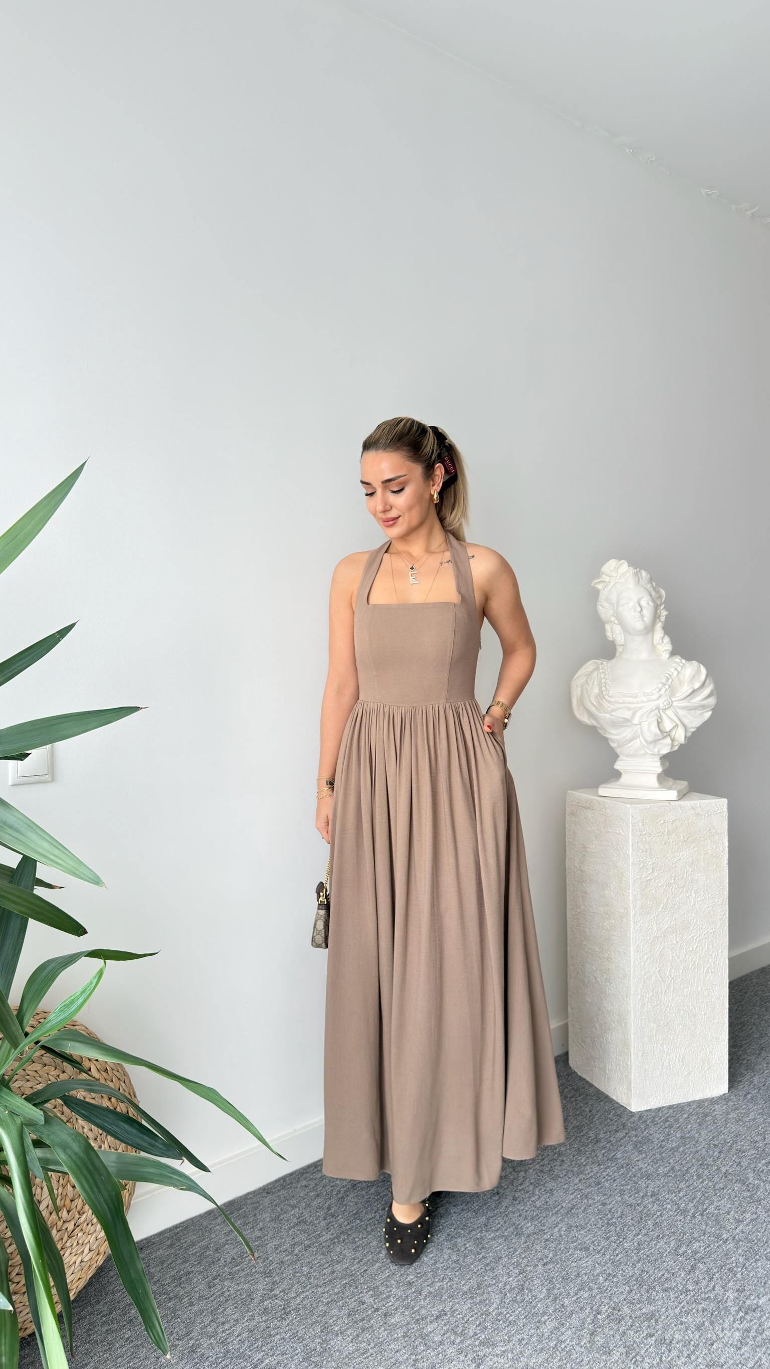Kahve Baino Premium Keten Elbise 