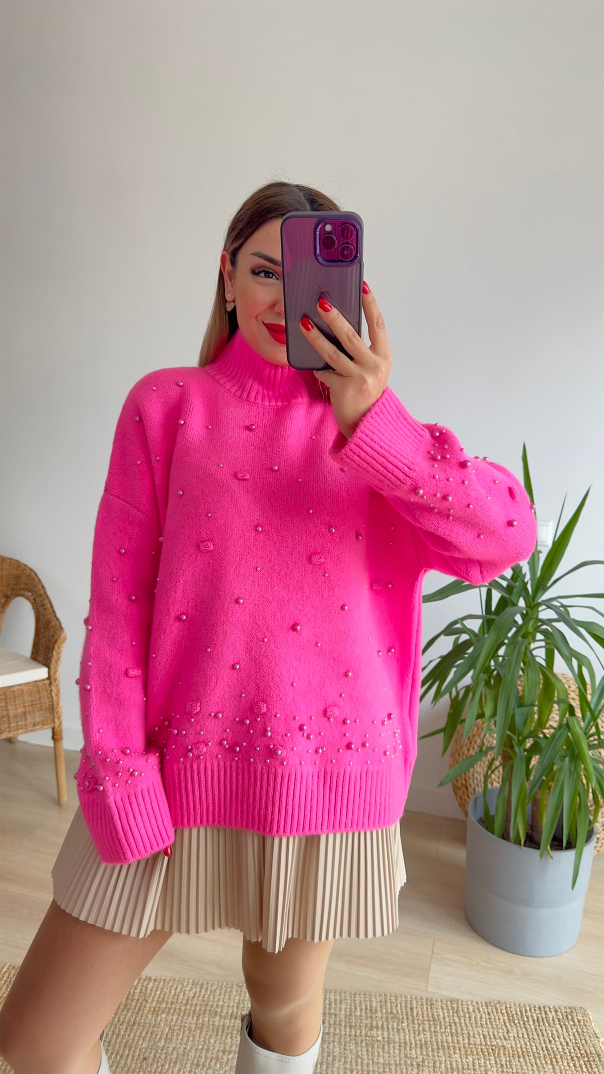 Ponponlu İncili Pembe Kazak