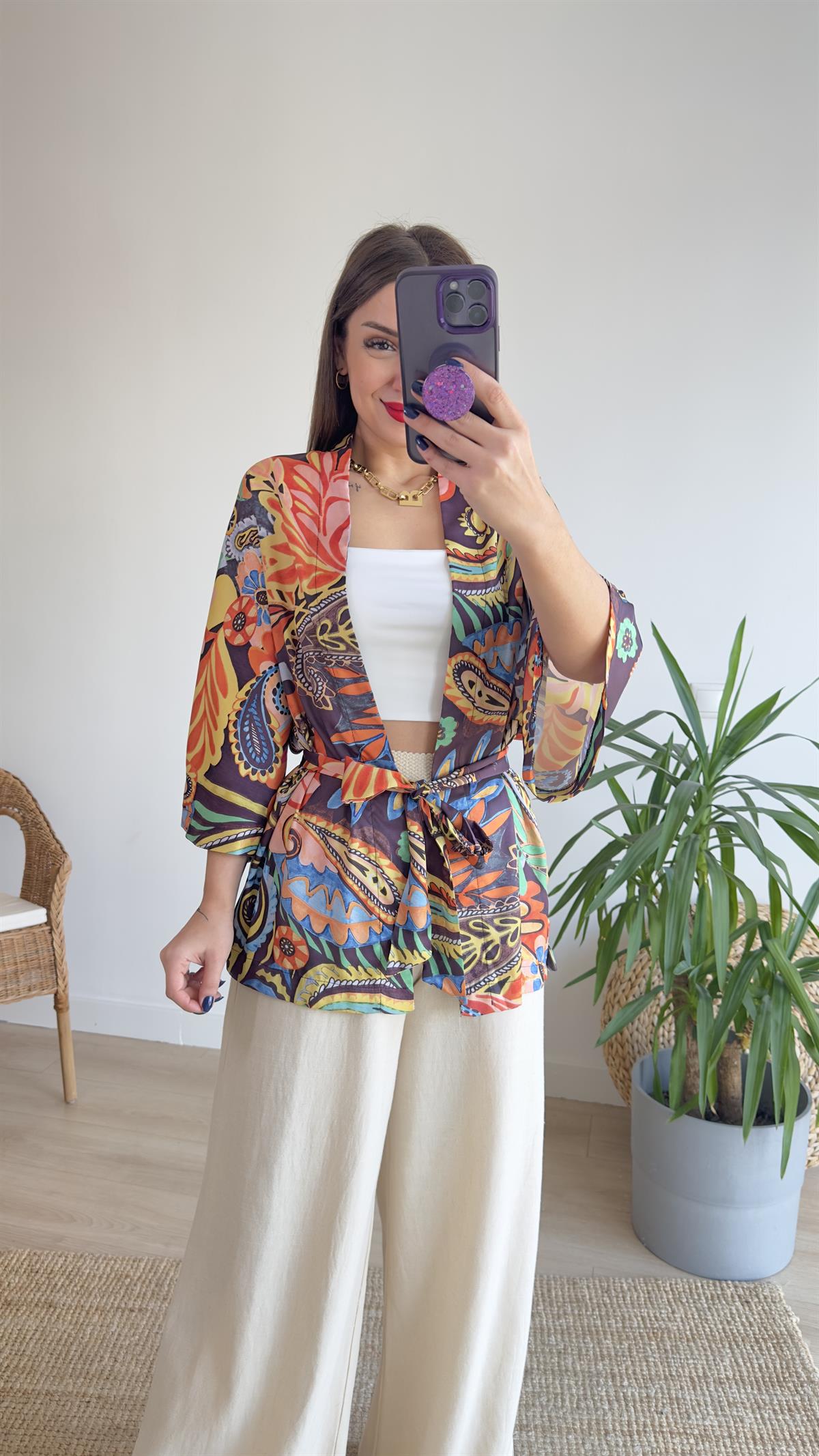 Çok Renkli Saten Kimono Ceket