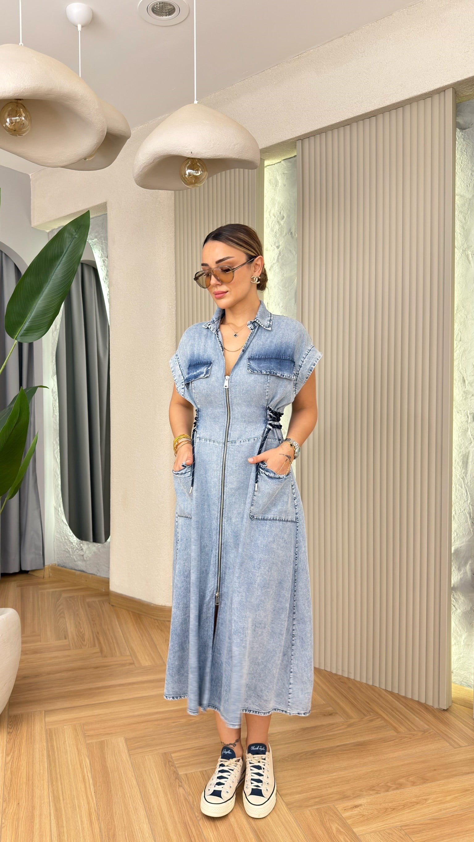 Lofe Yan Bağcık Detaylı Tensel Premium Elbise 