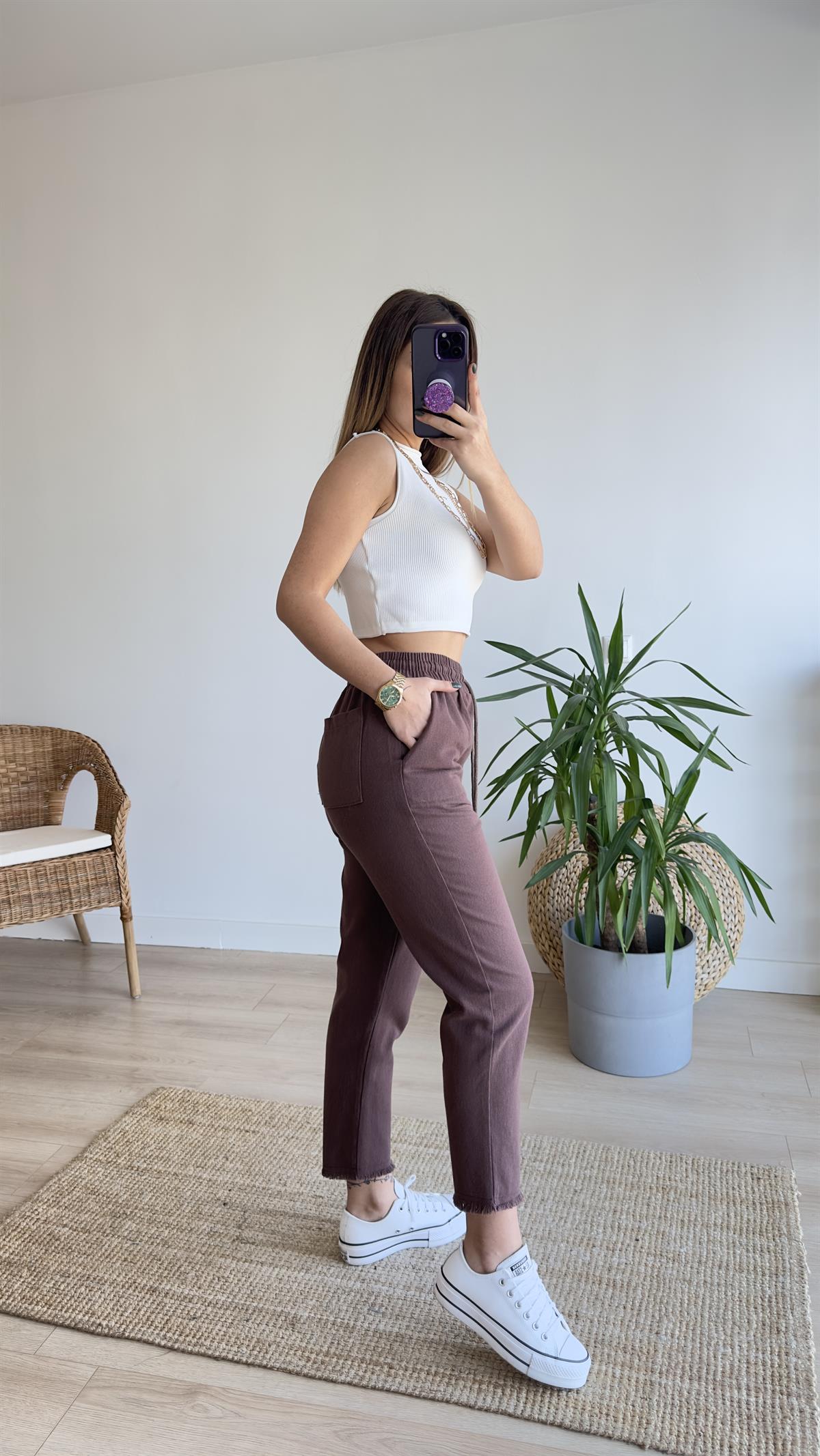 Beli Lastikli Kahve Gabardin Pantolon