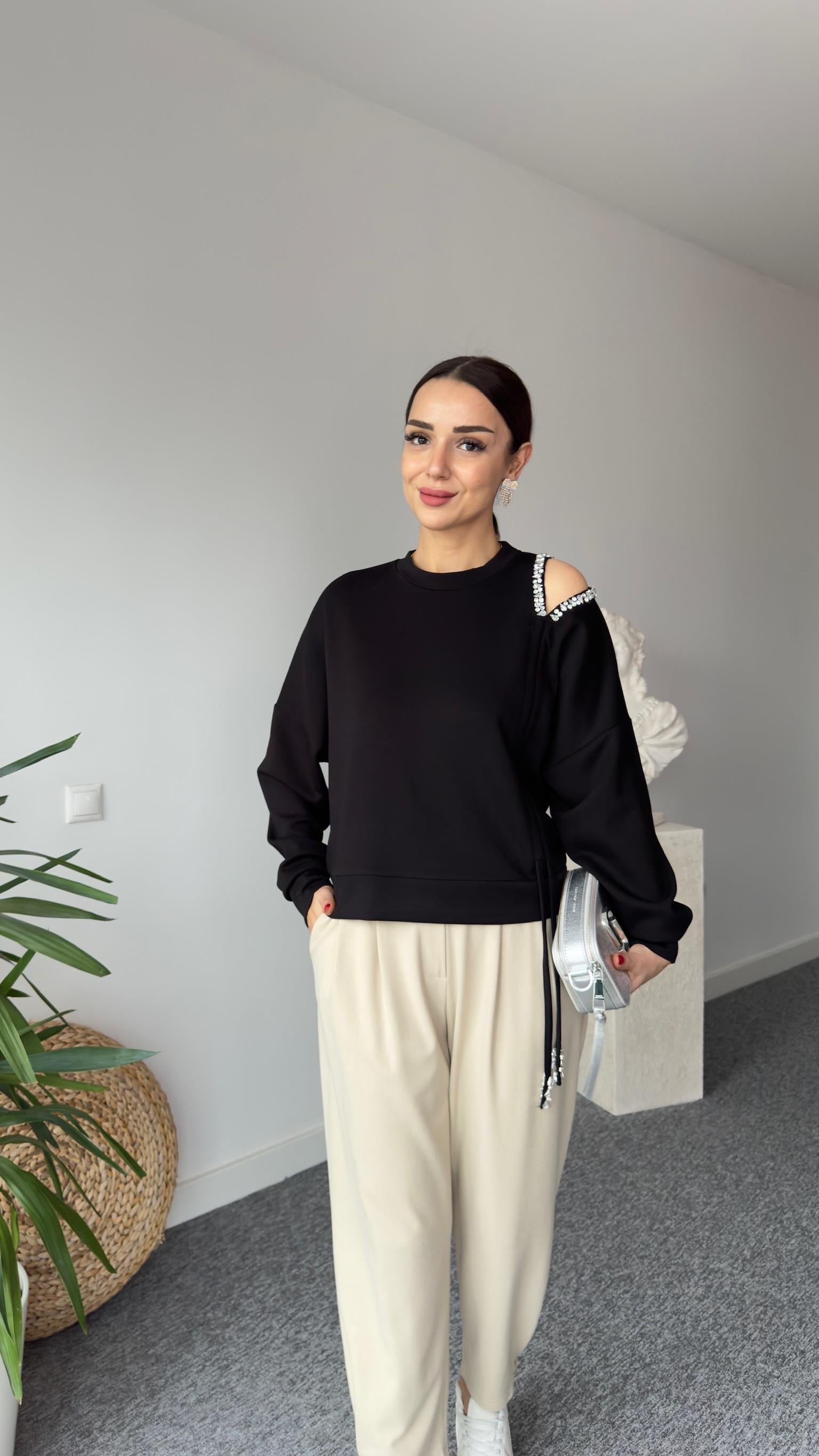 Premıum Büzgülü Taş Detay Siyah Modal Sweat