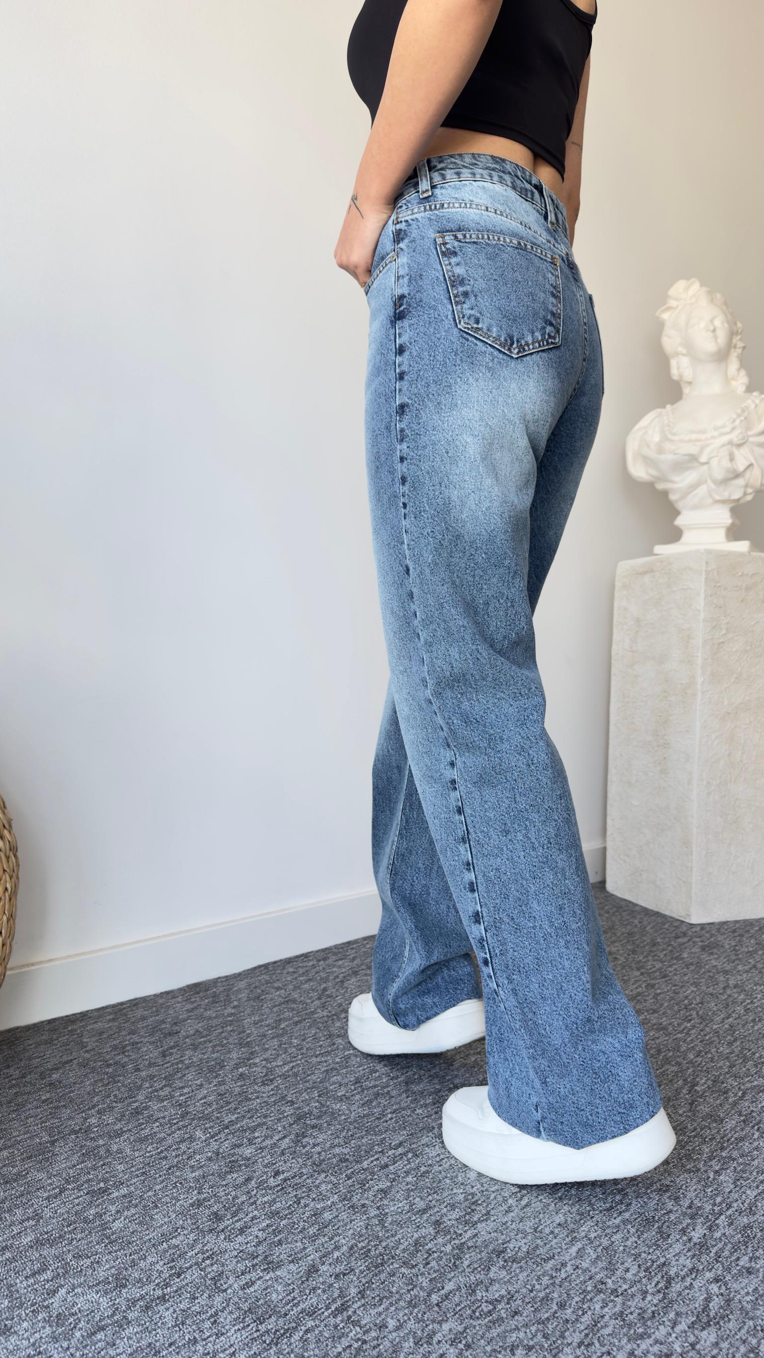 Wıde Leg Taşlamalı Mavi Jean