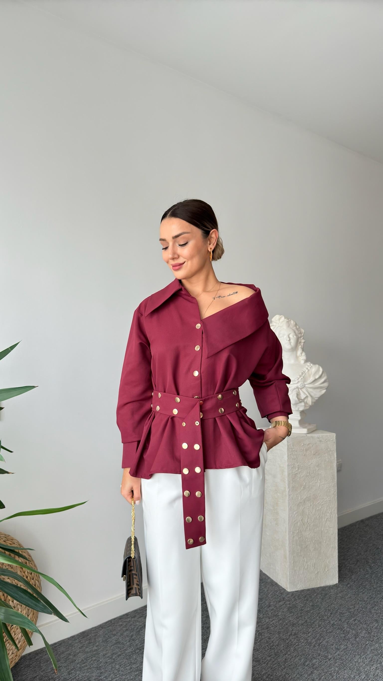 Dianes Marka Model Kemerli Tasarım Bordo Gömlek 