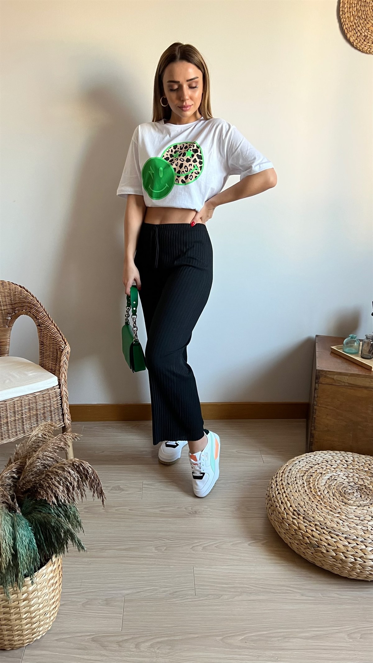 Yeşil Beyaz Leopar Baskı Tshirt