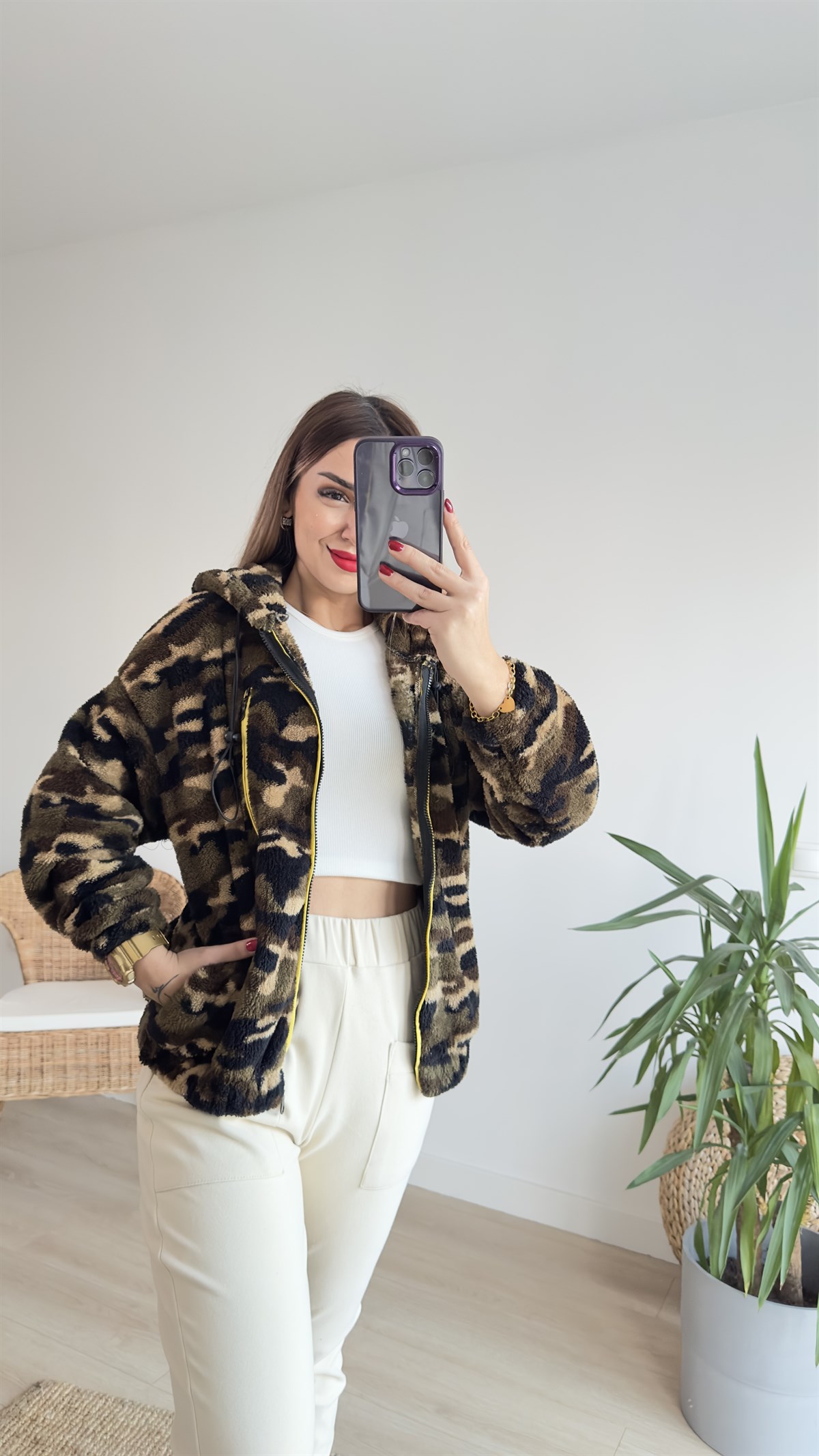 Kamuflaj Desen Peluş Mont 