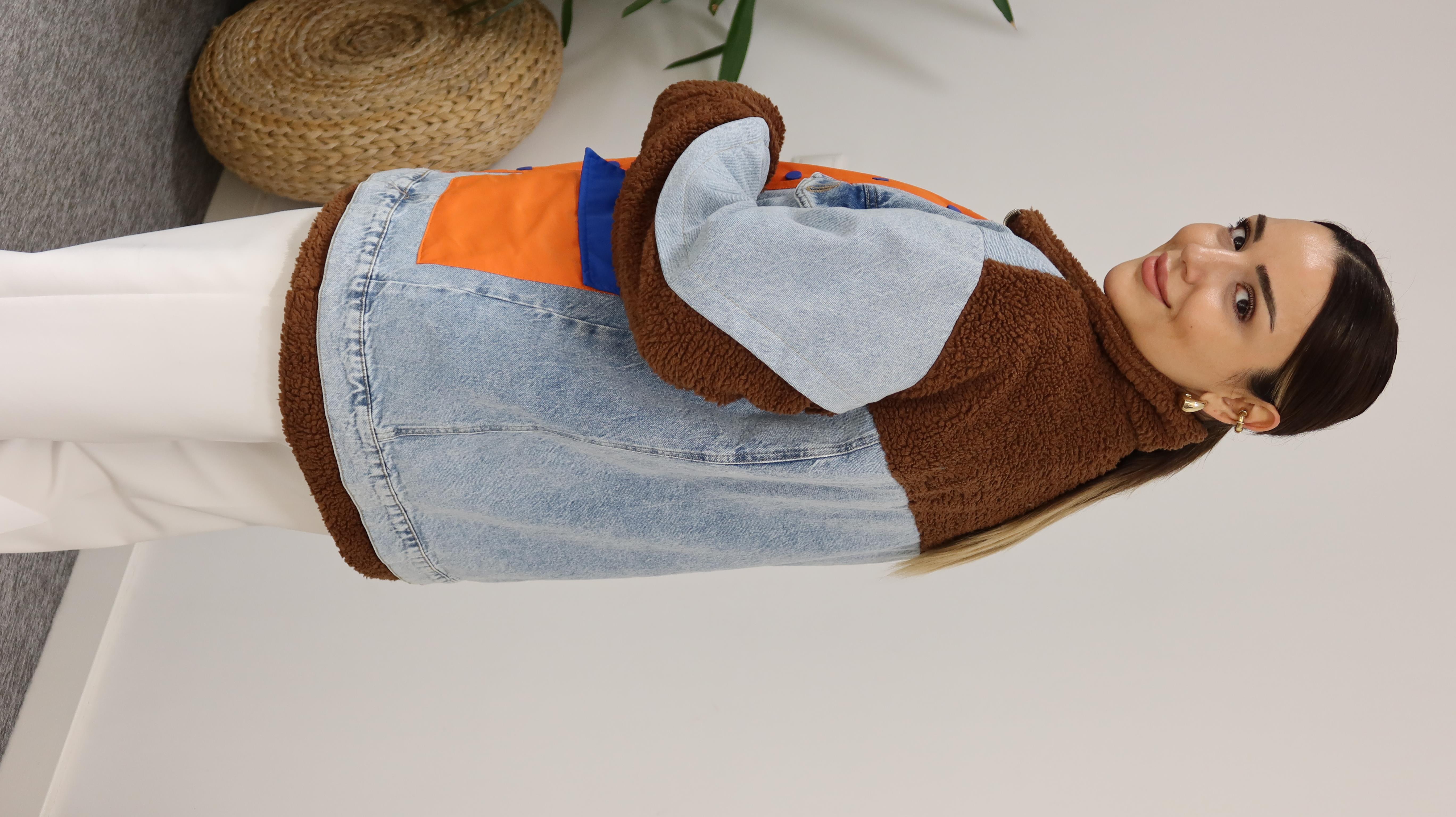 Kahve Denim Mix Turuncu Detay Peluş Mont 