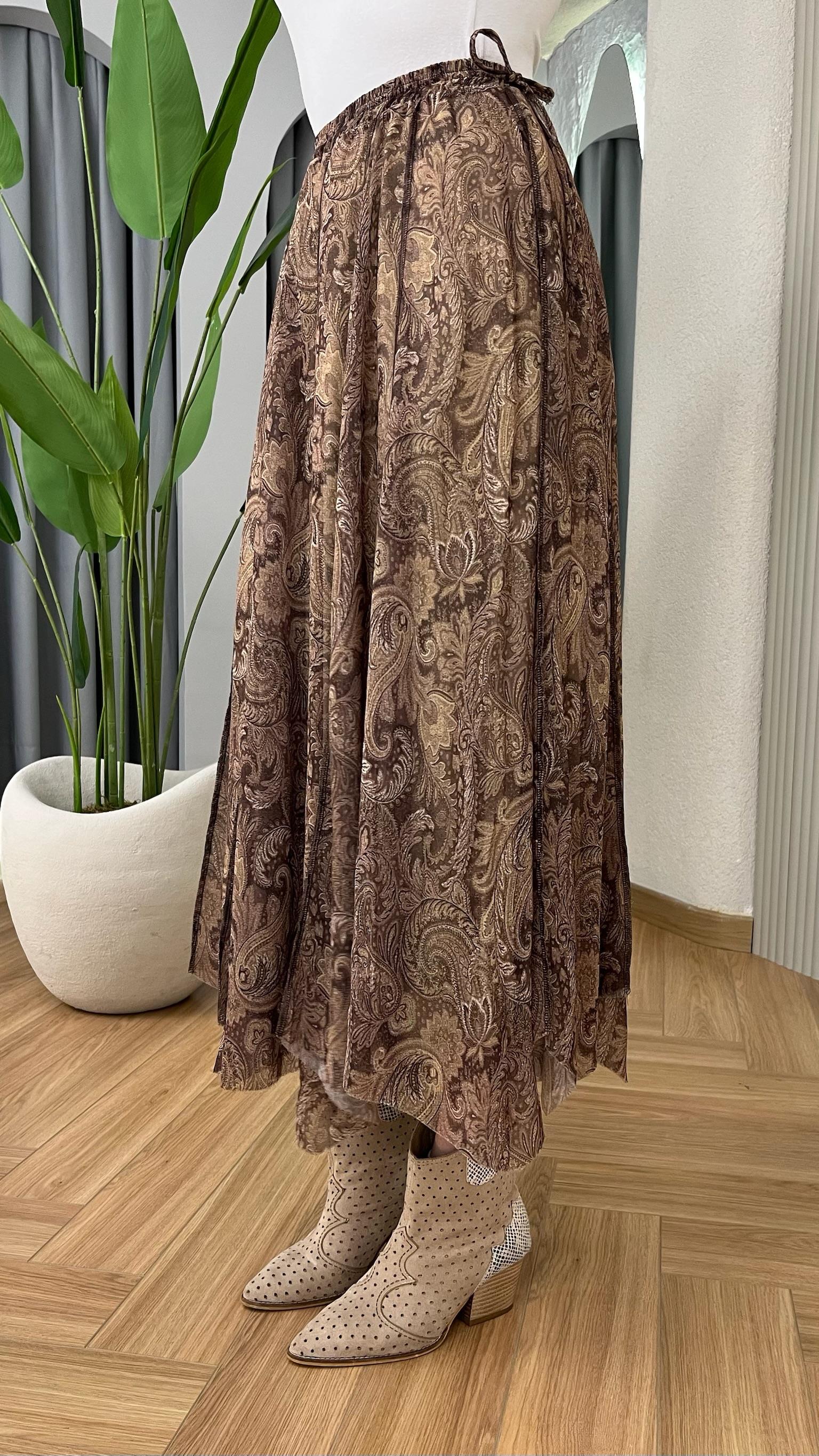 Kahve Zien Etnik Desenli Şifon Etek