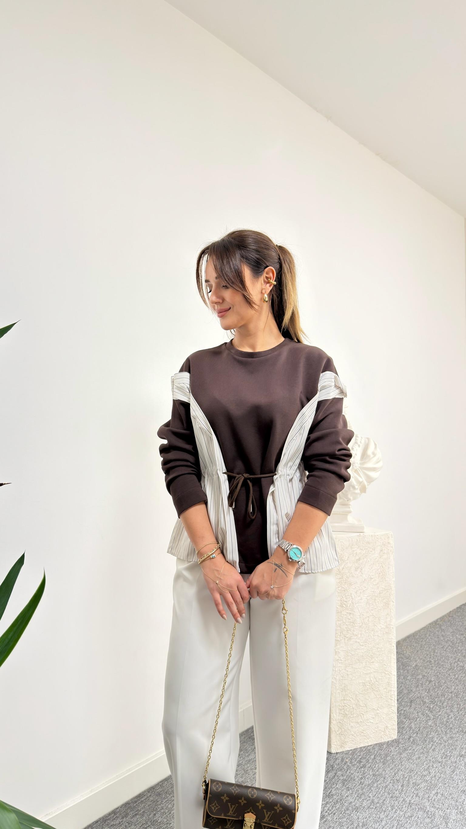 Kahve Parçalı Yanı Bağcıklı Sweatshirt