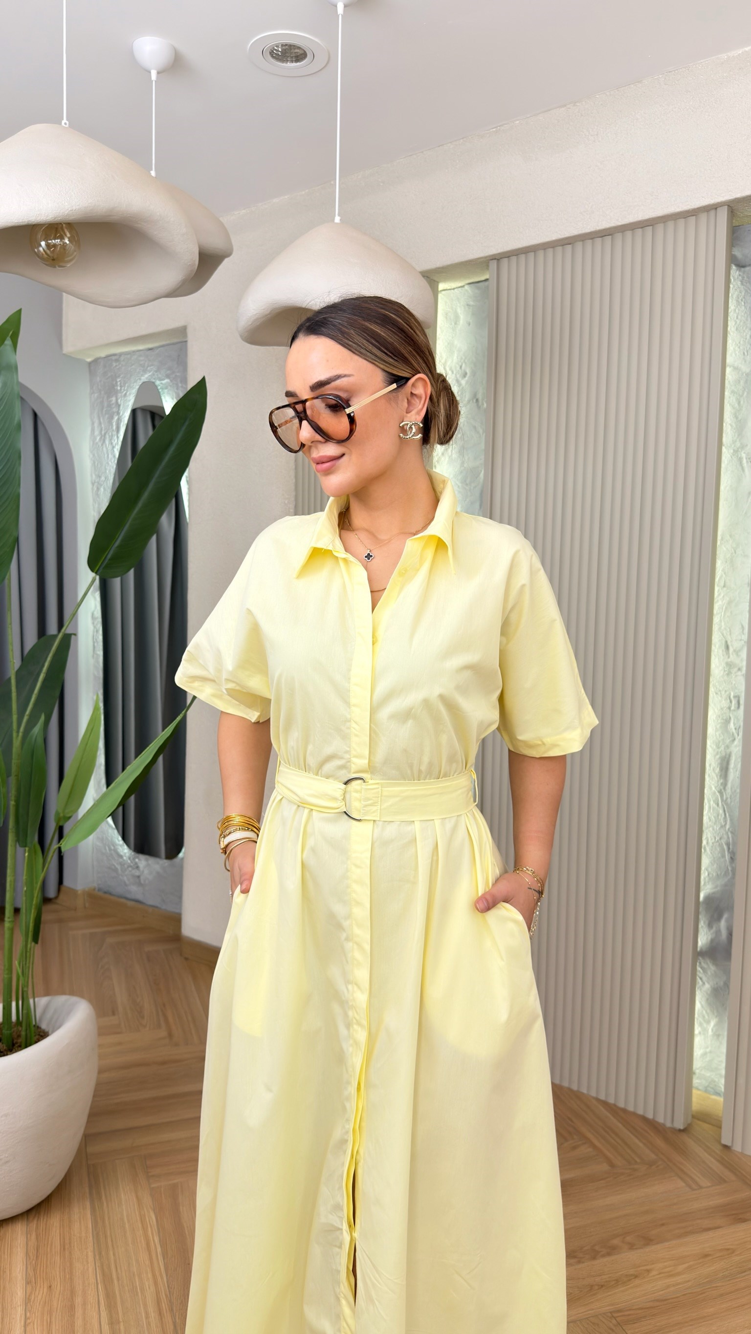 Sarı Lunto Kemerli Poplin Elbise 