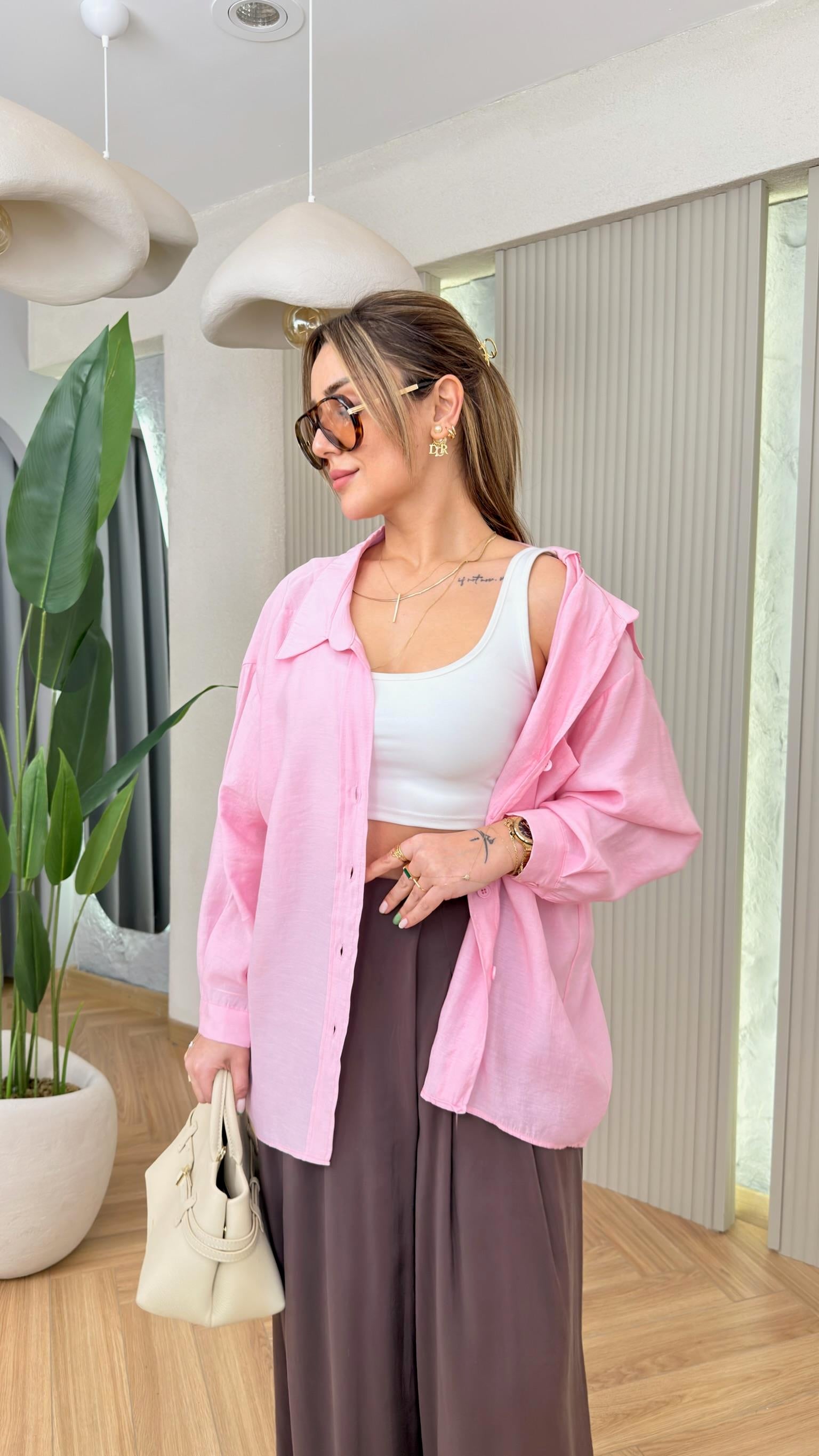 Pembe Düşük Omuz Oversize Gömlek