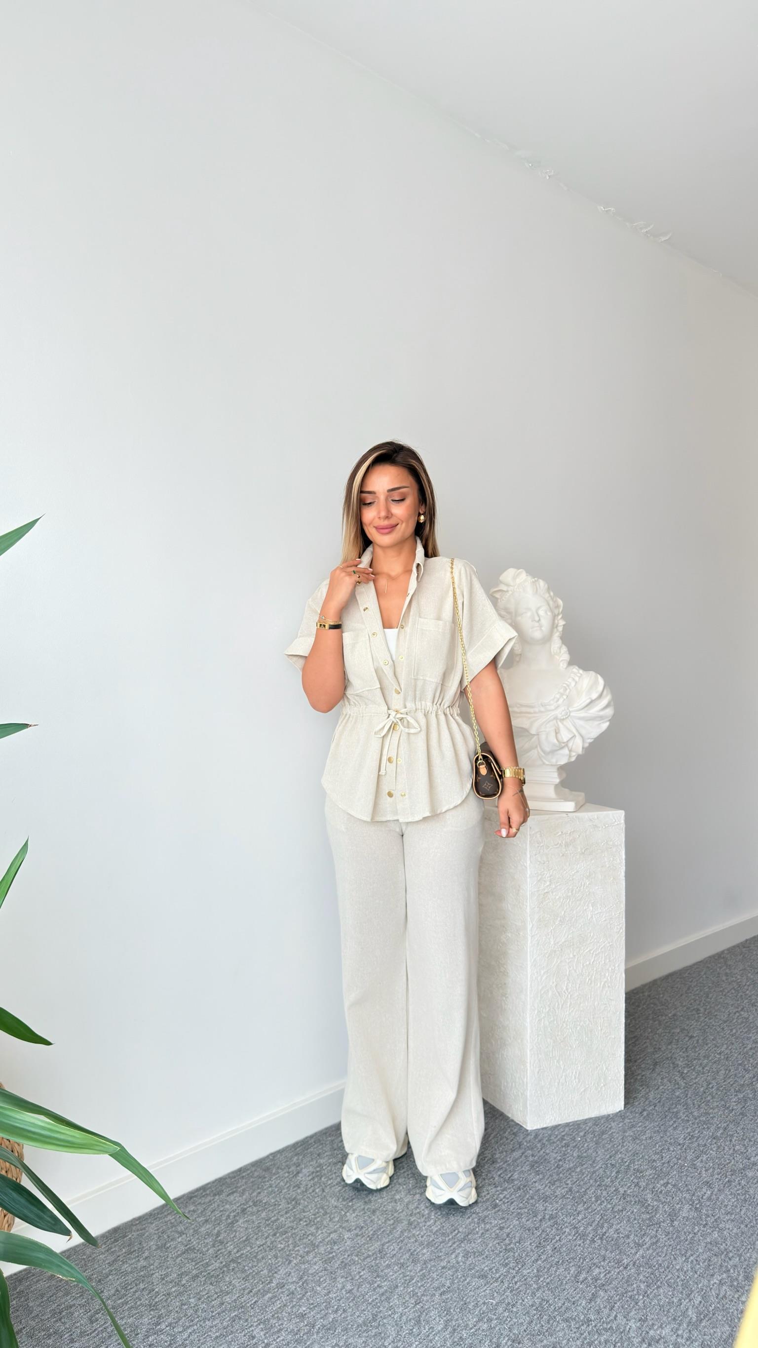 Risha Zra Model Bel Büzgülü Keten Takım