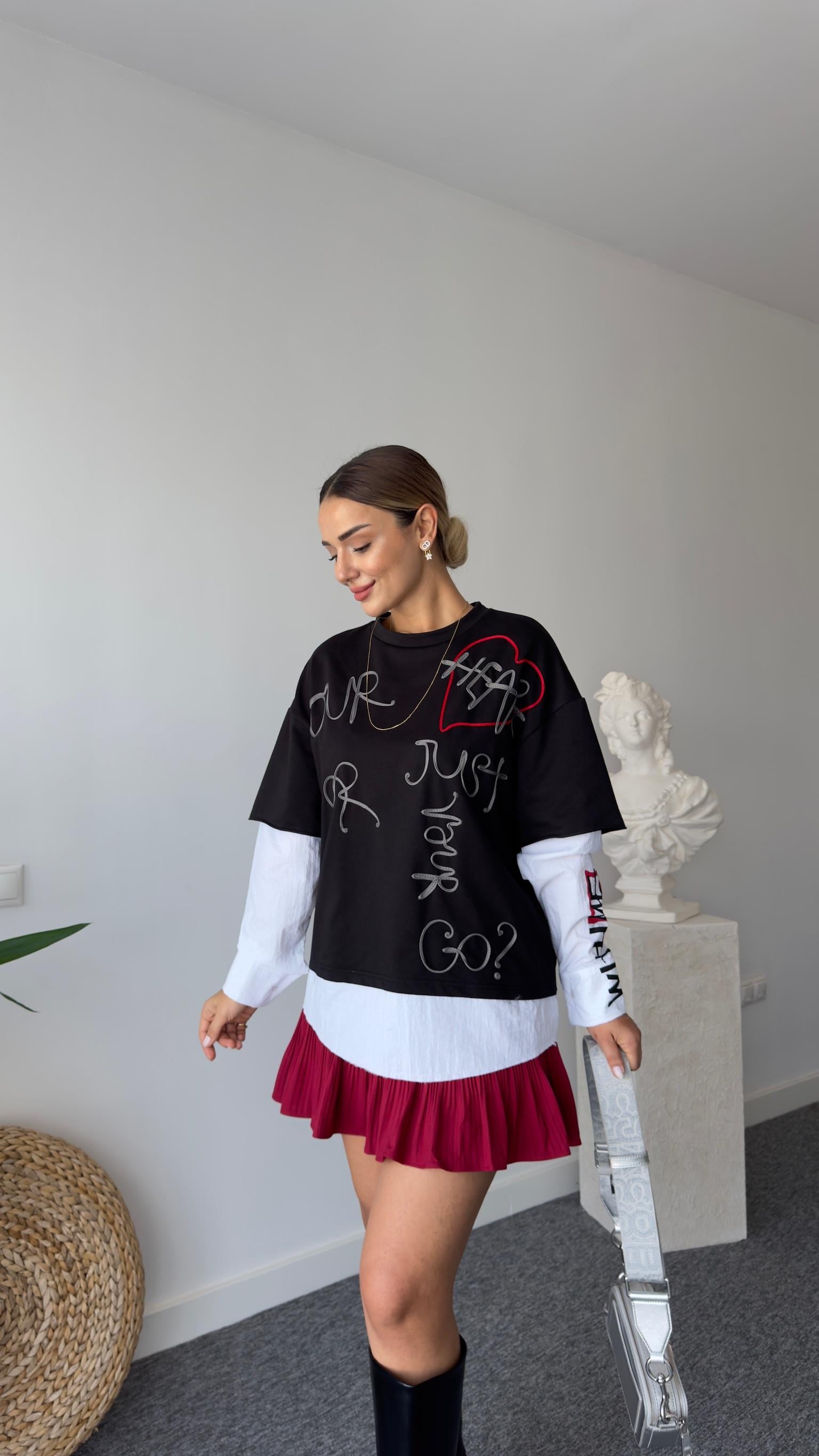Kollar Gömlek Parçalı Yazılı Siyah Sweat