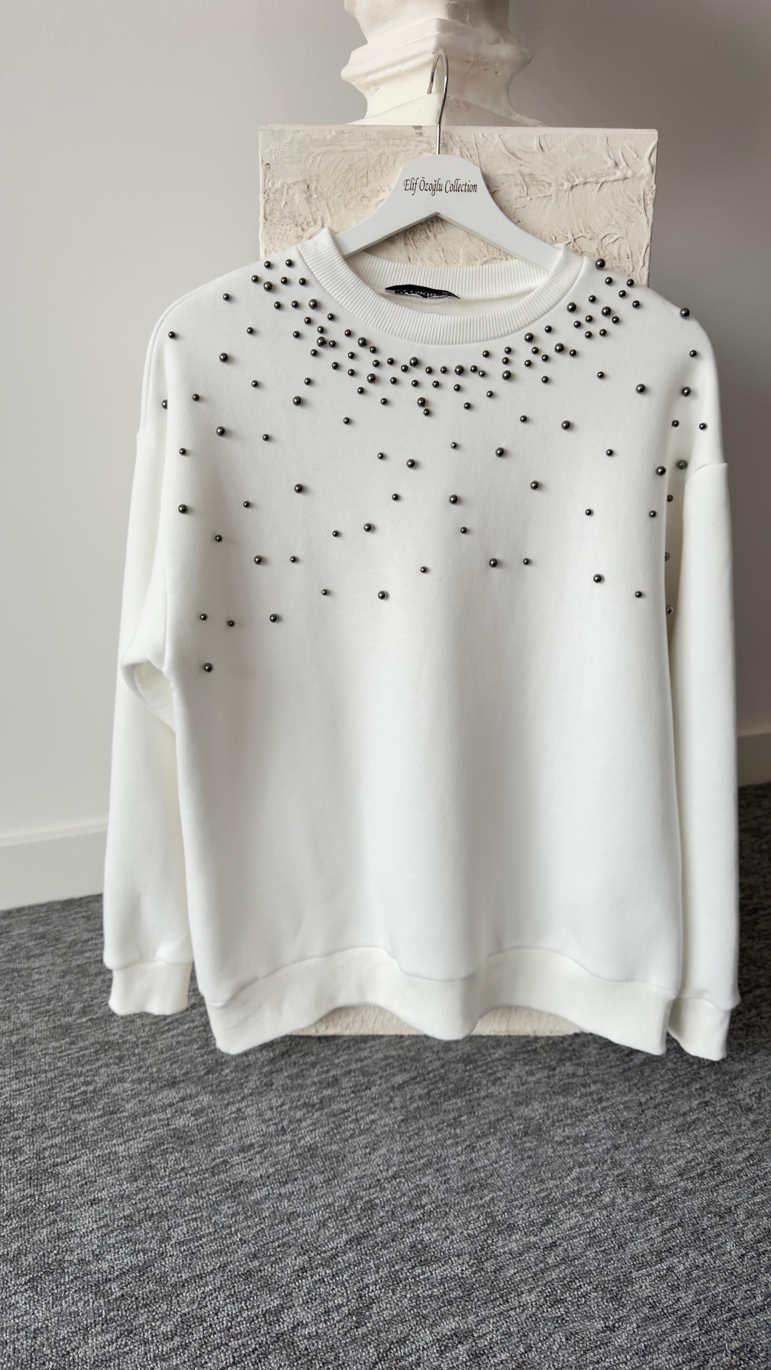 Mood İncili Beyaz Sweatshirt