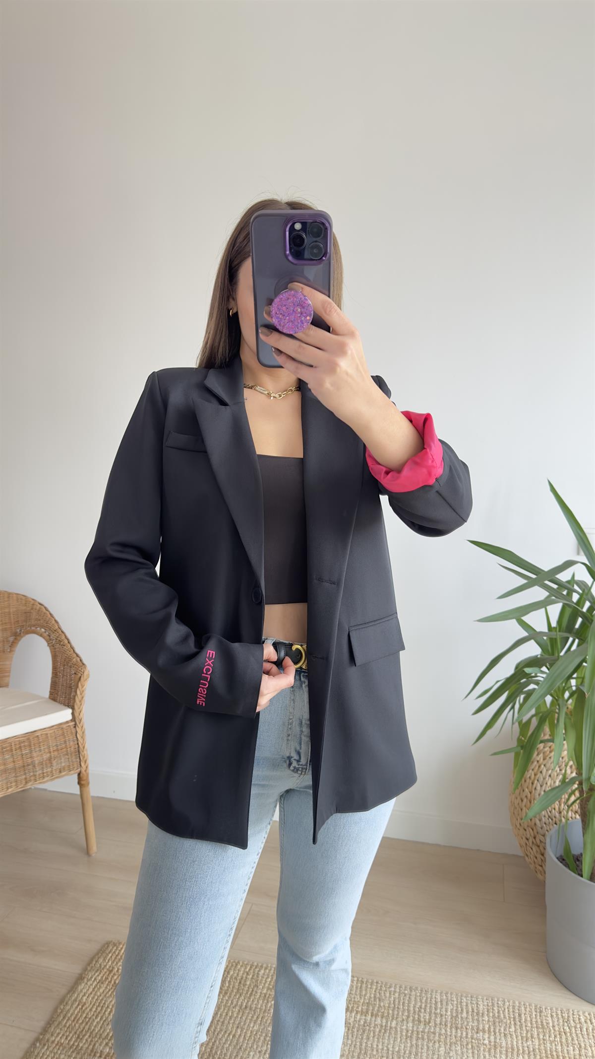 Ravi Pembe Yazı Detaylı Blazer Ceket