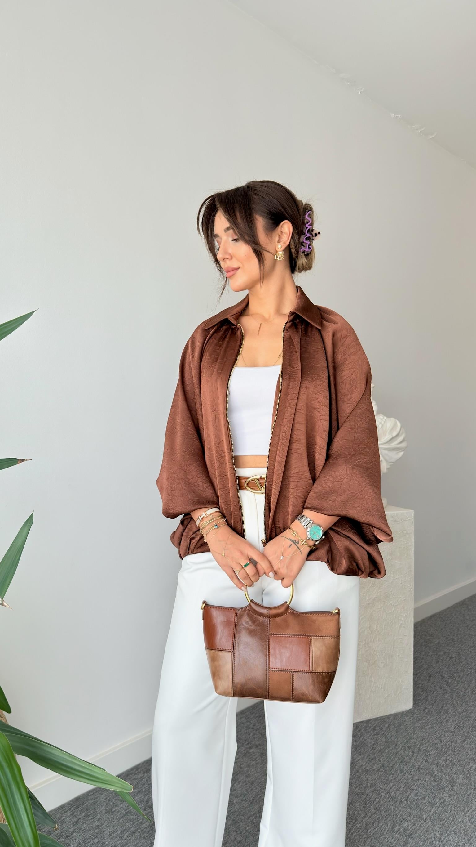 Kahve Seru Zra Model Oversize Saten Ceket   