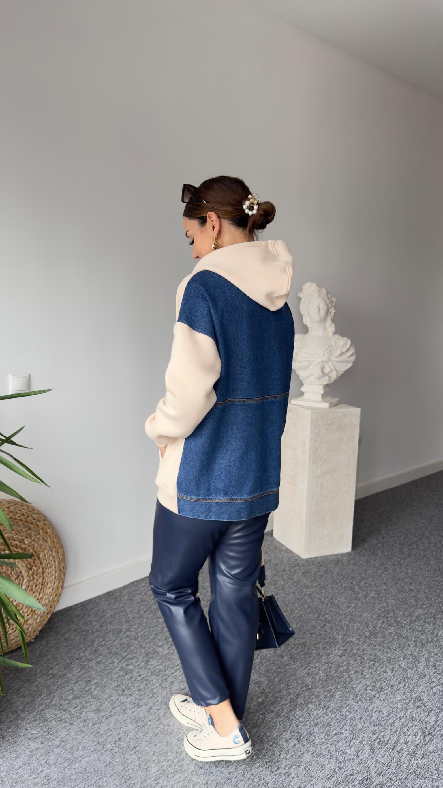 Sırt Kot Detaylı Kapüşonlu Bej Sweat