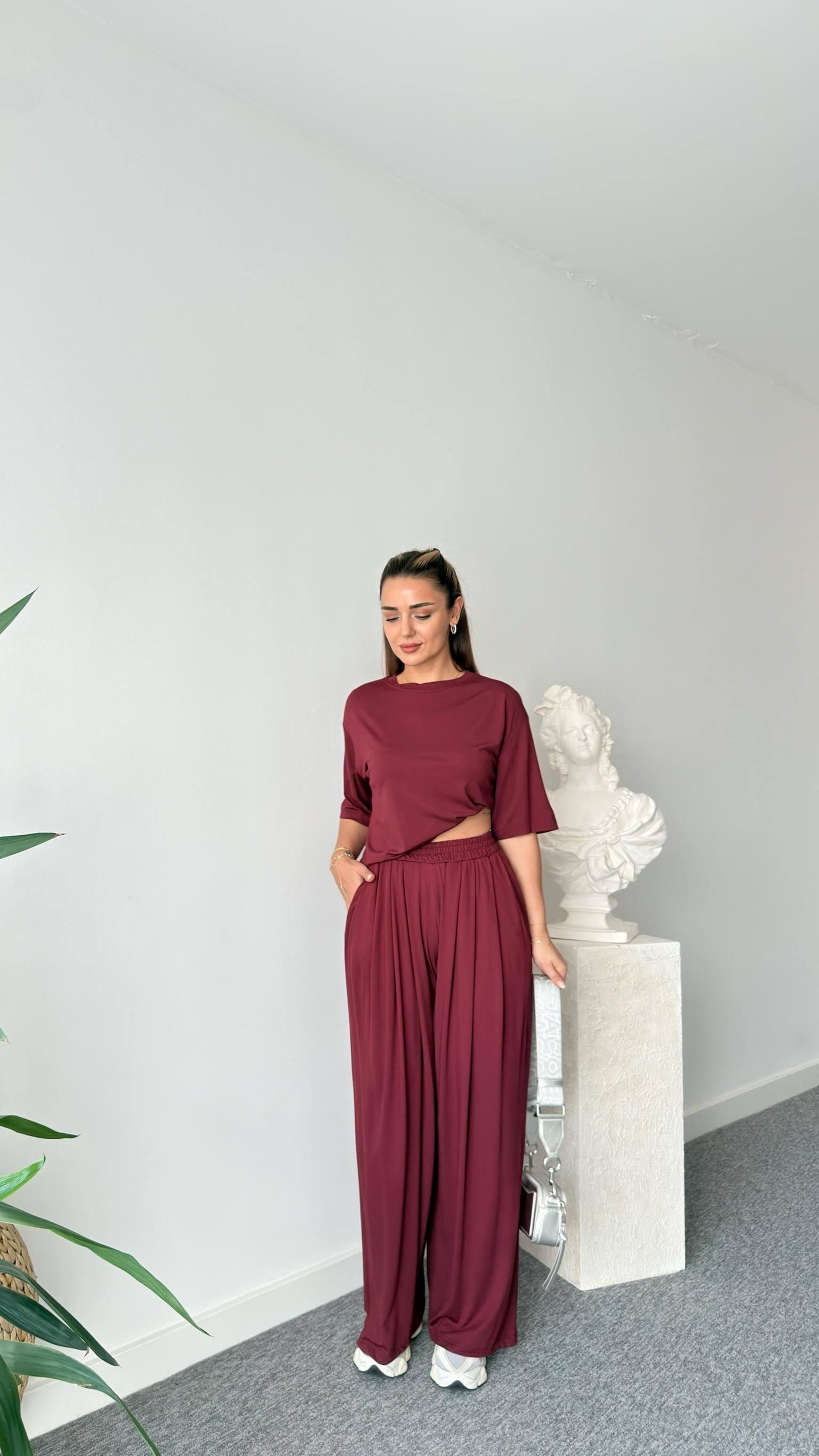 Bordo Gablit Pile Detaylı İkili Takım