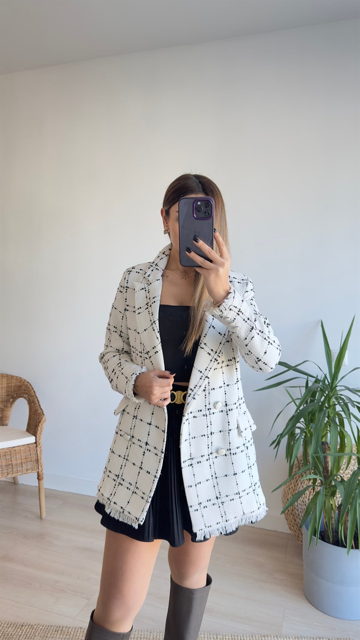 Püsküllü Siyah Beyaz Blazer Ceket